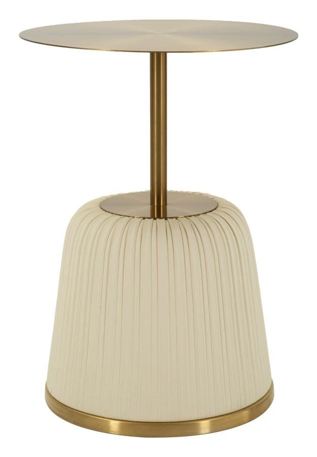 Estila Dizajnový glamour okrúhly príručný stolík Giselle z kovu v zlatej farbe s čalúnenou béžovou koženou podstavou 40 cm 1