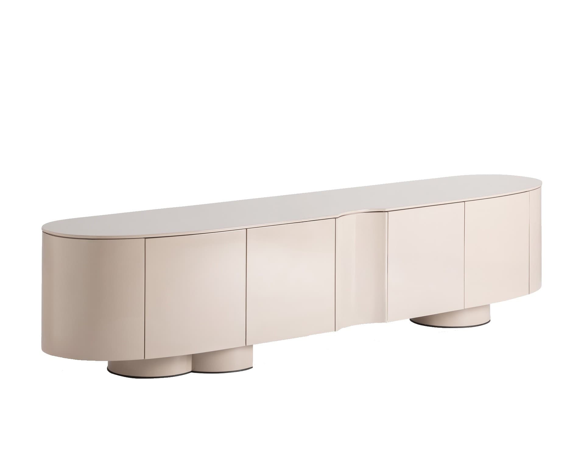 Estila Luxusný art deco oválny TV stolík Munios v béžovej farbe so štyrmi dvierkami s lesklým povrchom 220 cm