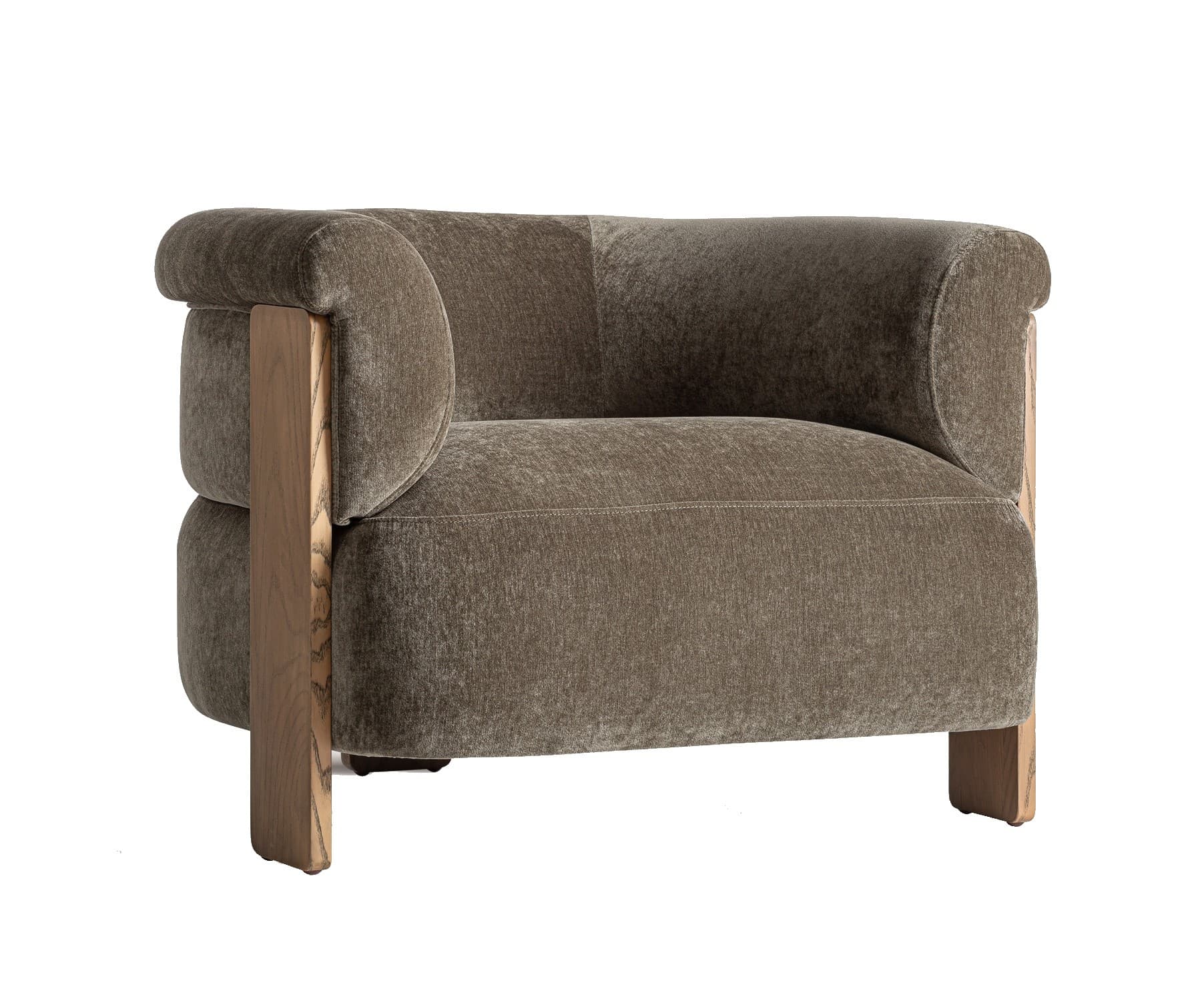 Estila Luxusné art deco čalúnené kreslo Jeran v zelenej kaki farbe so ženilkovým poťahom a tromi hnedými drevenými nožičkami 96 cm
