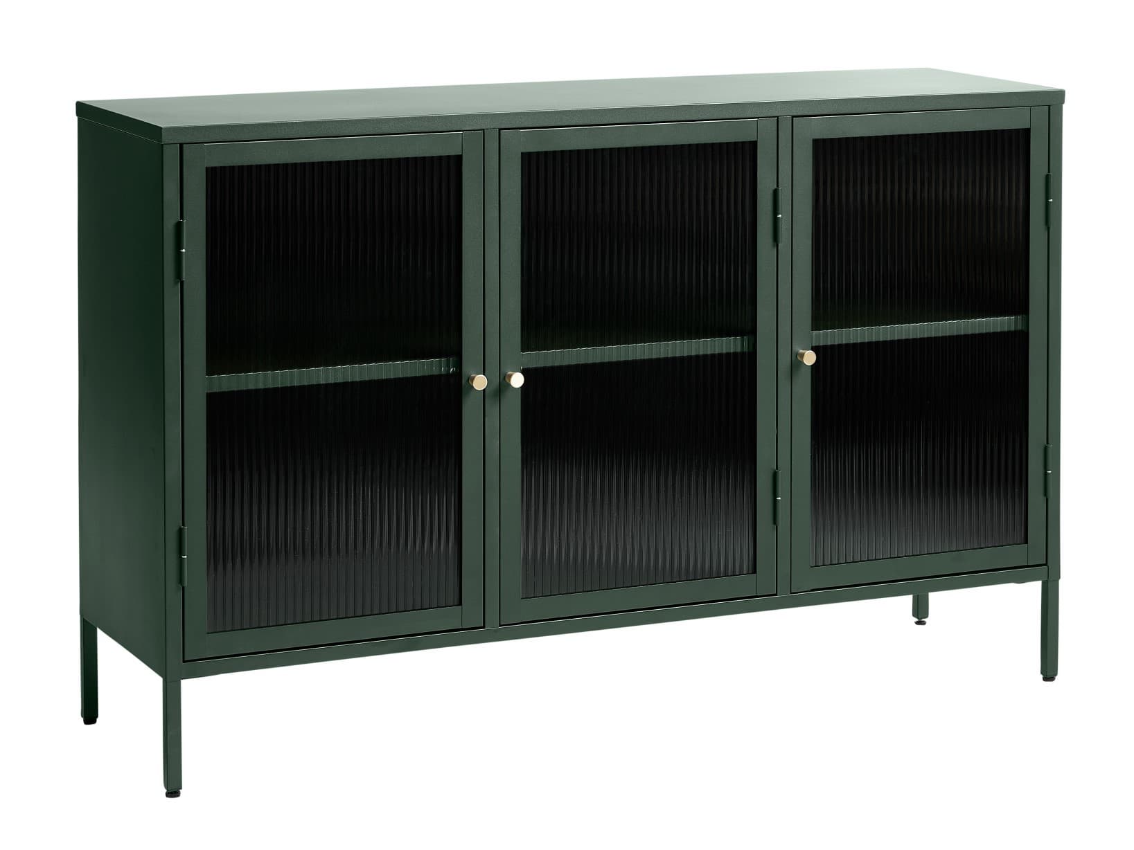 Estila Moderný industriálny príborník Farver z kovu v zelenej farbe s tromi sklenenými dvierkami s vrúbkovanou štruktúrou 132 cm