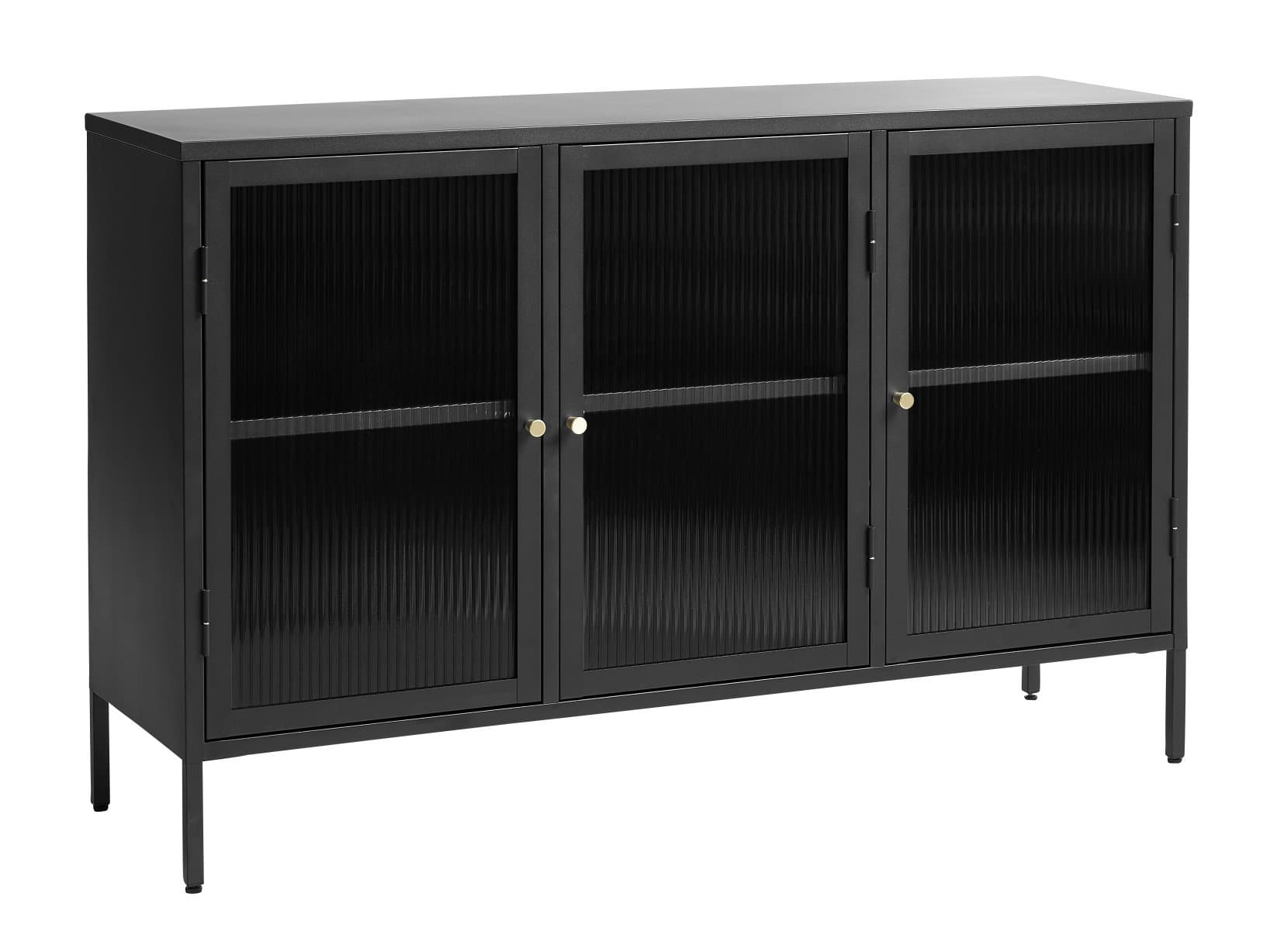 Estila Moderný industriálny obdĺžnikový príborník Farver v čiernej farbe z kovu s tromi sklenenými vrúbkovanými dvierkami 132 cm