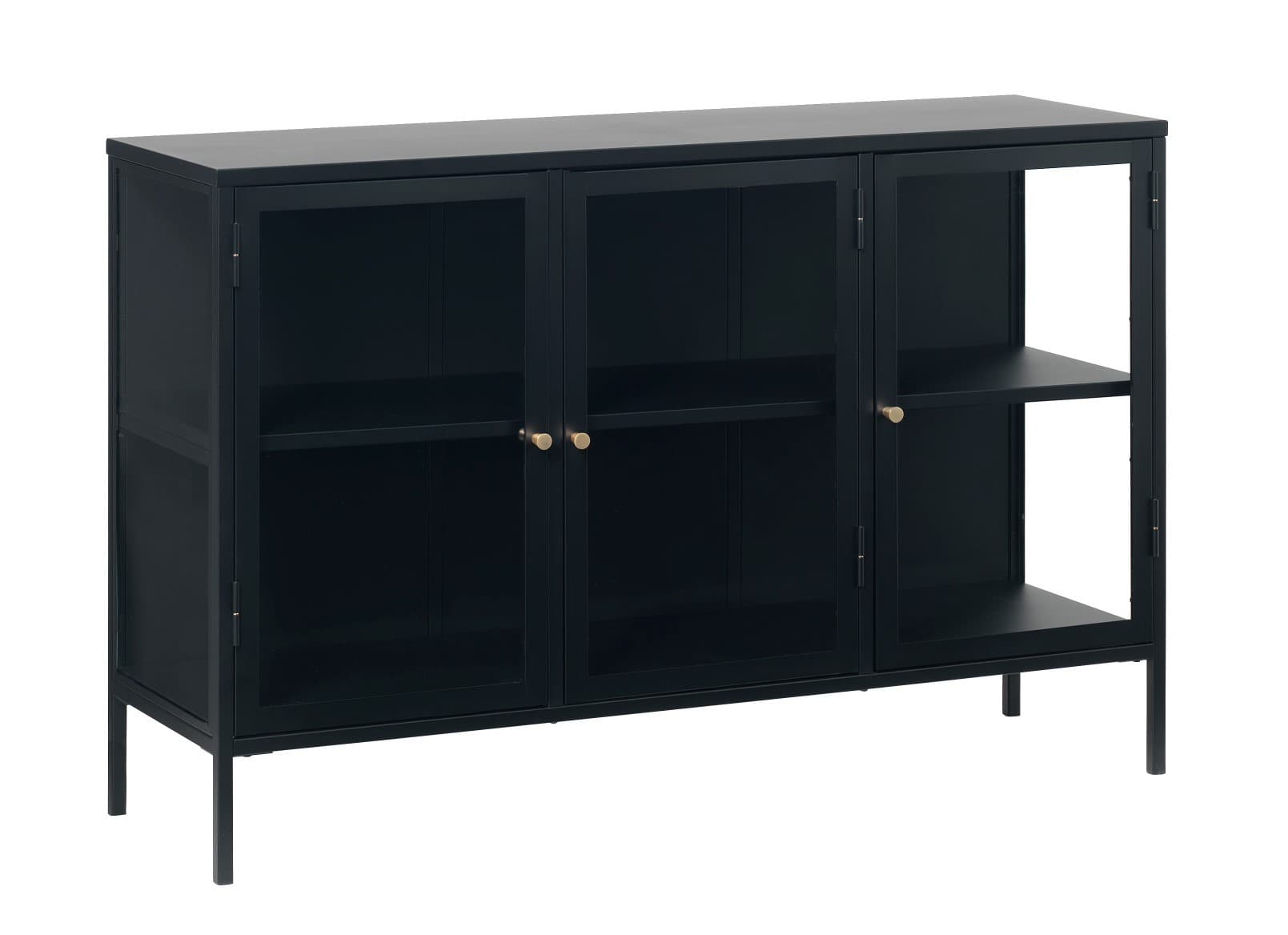 Estila Moderný čierny trojdverový príborník Soeren z kovovou konštrukciou a priehľadnými sklenenými dvierkami 132 cm