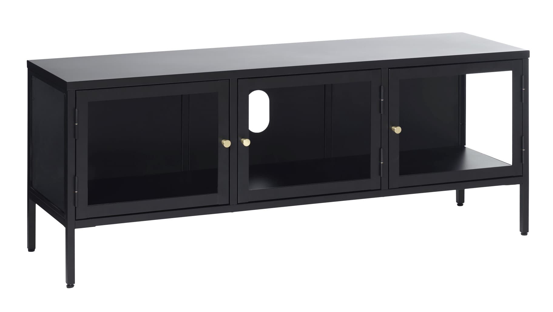 Estila Moderný čierny trojdverový TV stolík Soeren z kovu so sklenenými dvierkami so zlatou úchytkou na nožičkách 132 cm 1