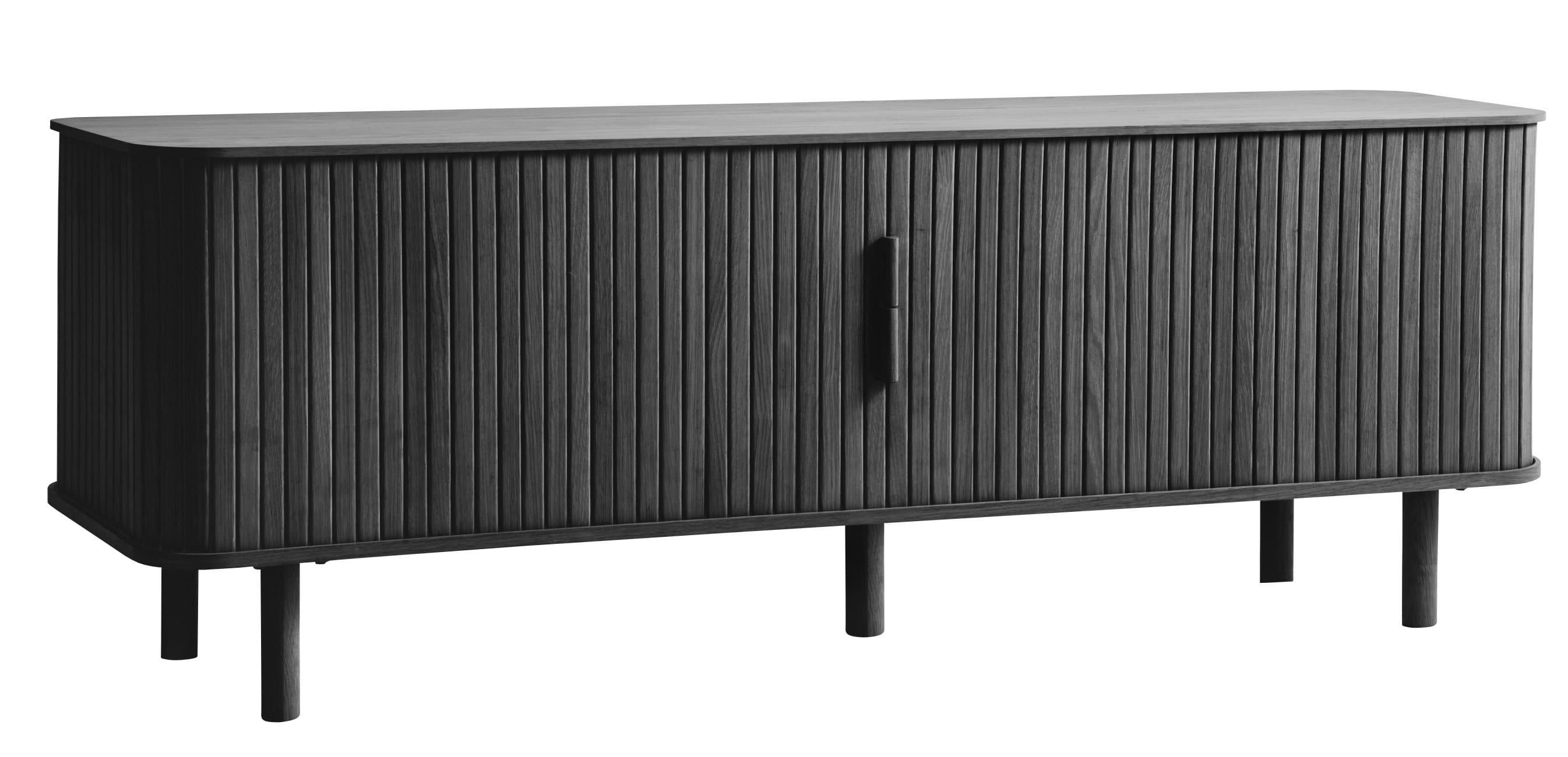 Estila Dizajnový retro čierny TV stolík Elbe s dvojitými lamelovými posuvnými dvierkami a úložným priestorom so štyrmi policami 160 cm 1