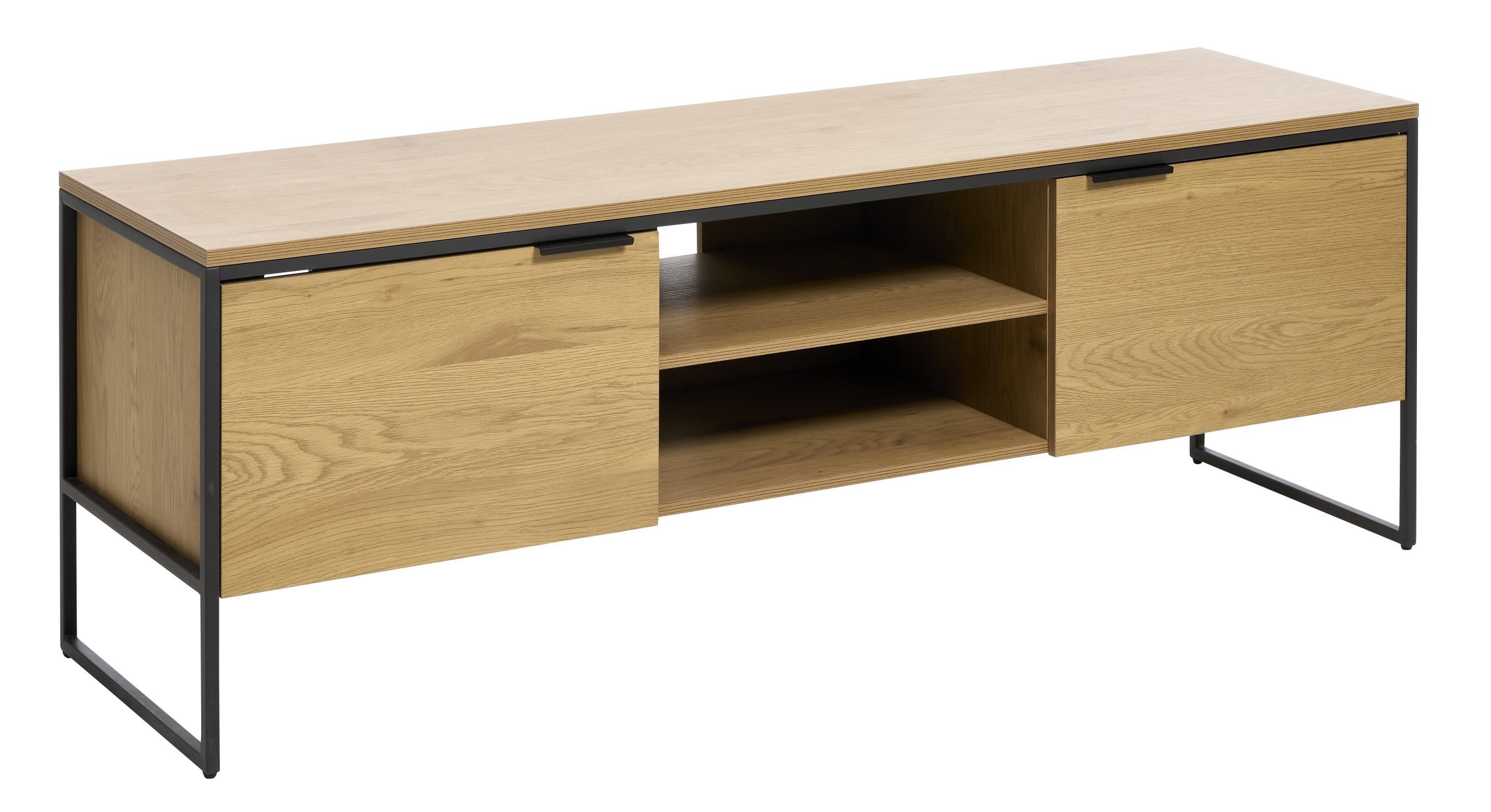 Estila Moderný TV stolík Holstebro s dvomi dvierkami a policami v dubovom hnedom prevedení s čiernymi kovovými detailmi 155 cm