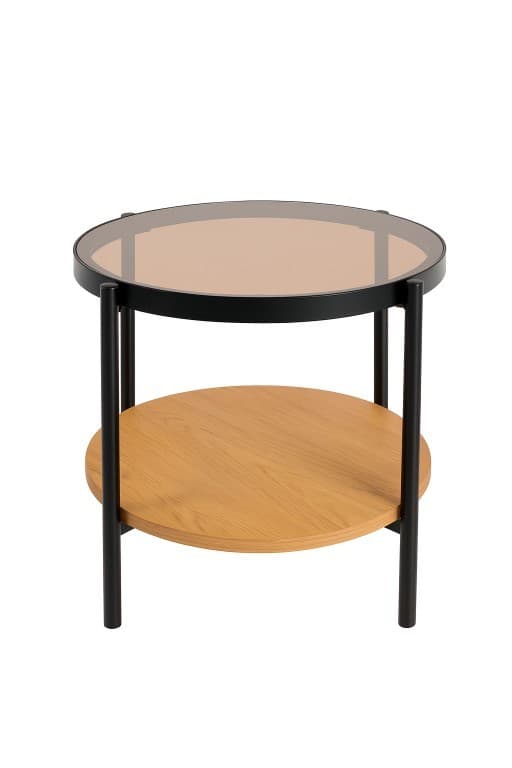 Estila Sklenený retro okrúhly príručný stolík Sonny s priehľadnou hnedou doskou a dubovou policou s čiernym rámom 48 cm