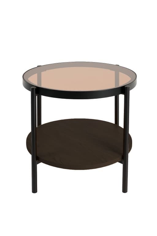 Estila Retro tmavý hnedý príručný stolík Sonny s okrúhlou sklenenou doskou a dubovou policou s čiernym kovovým rámom 48 cm