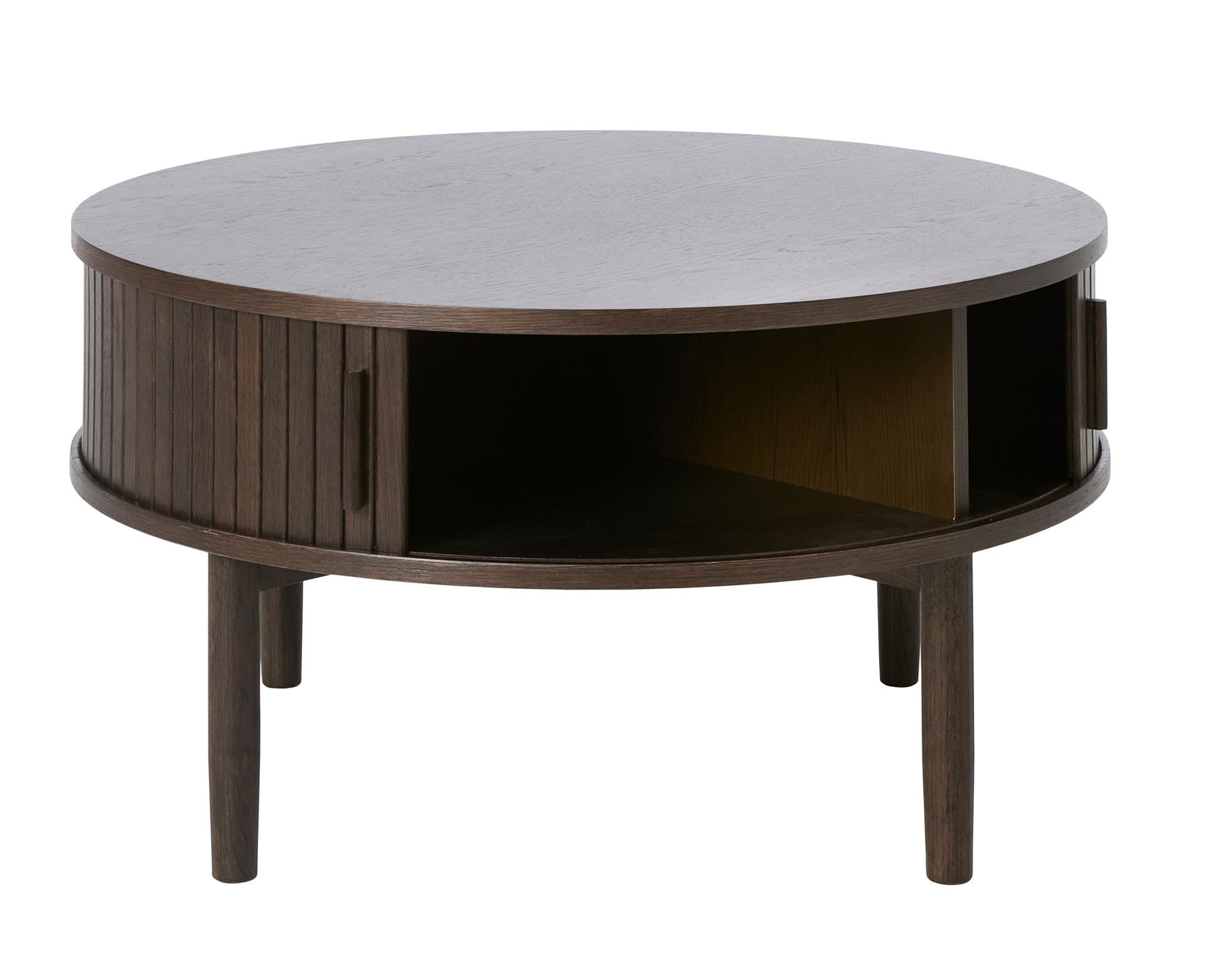 Estila Retro okrúhly dubový konferenčný stolík Alborg s úložným priestorom s posuvnými lamelovými dvierkami v tmavej hnedej farbe 85 cm