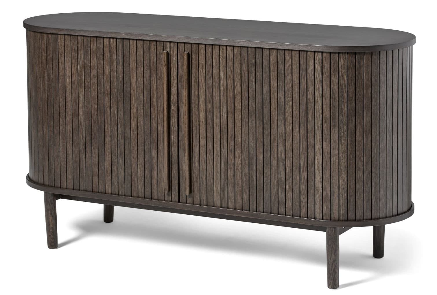 Estila Retro oválny dvojdverový príborník Alborg s lamelovým dizajnom posuvných dvierok v tmavom hnedom dubovom prevedení 140 cm 1