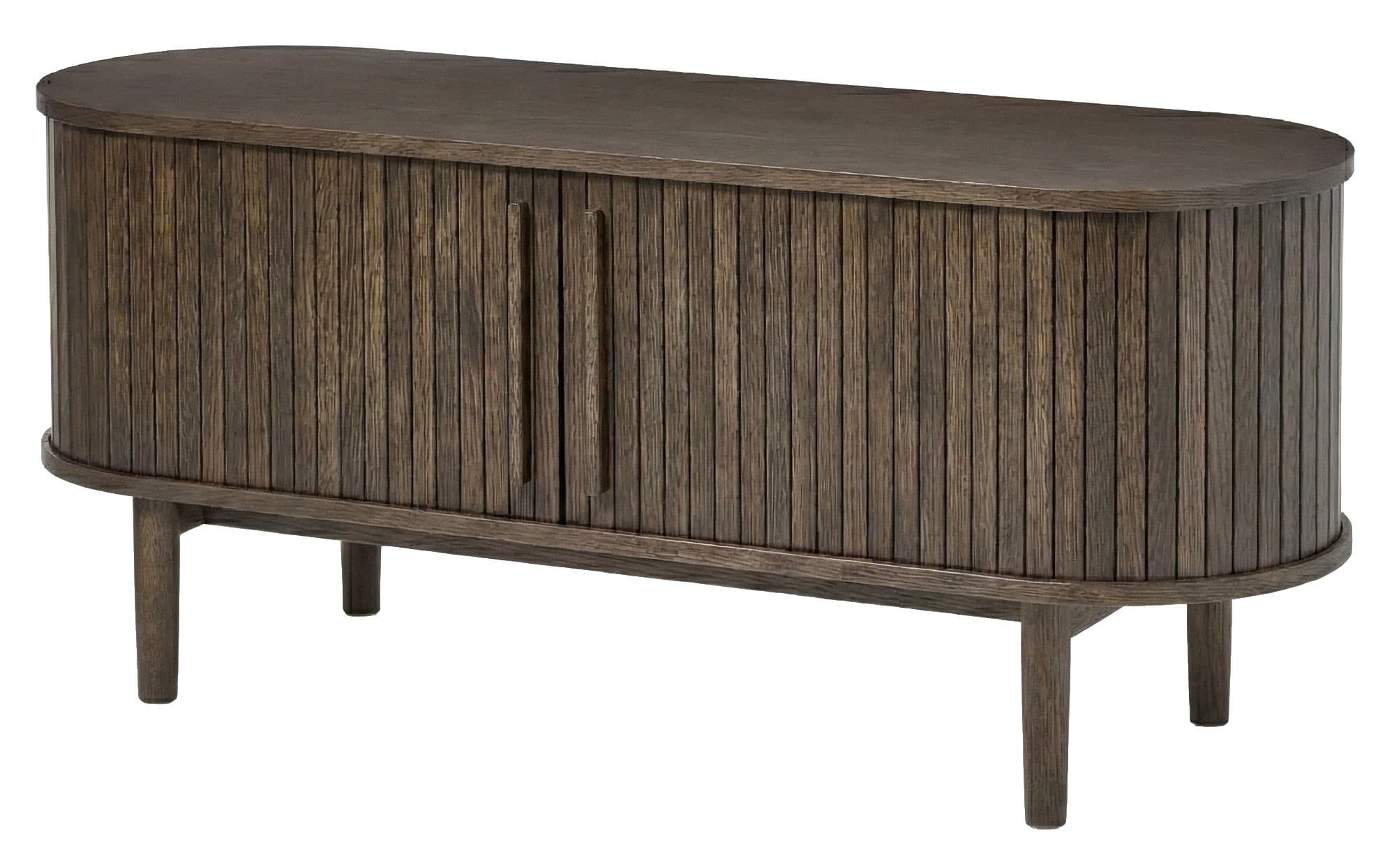 Estila Retro oválny dvojdverový TV stolík Alborg s lamelovým dizajnom v tmavom hnedom dubovom prevedení 140 cm