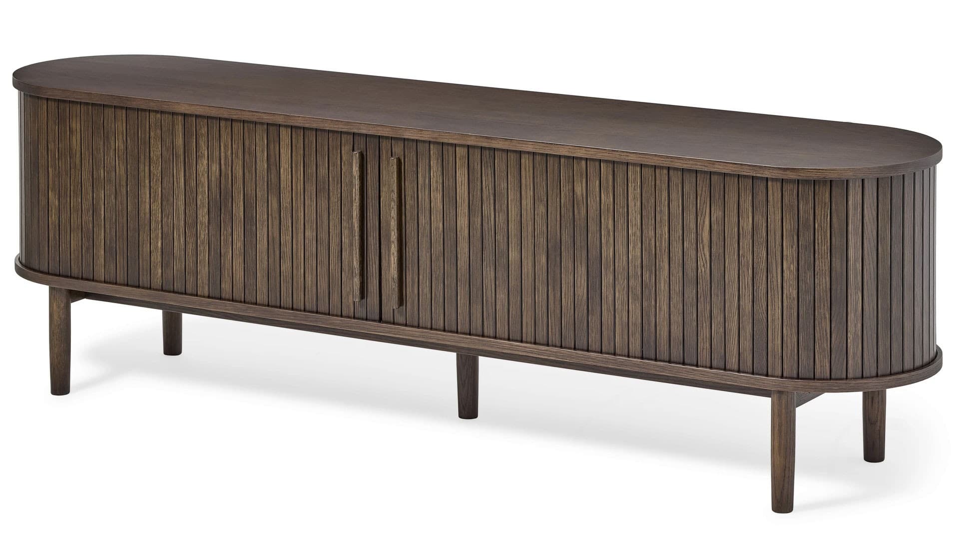 Estila Retro oválny TV stolík Alborg s posuvnými lamelovými dvierkami v tmavom hnedom dubovom prevedení 180 cm