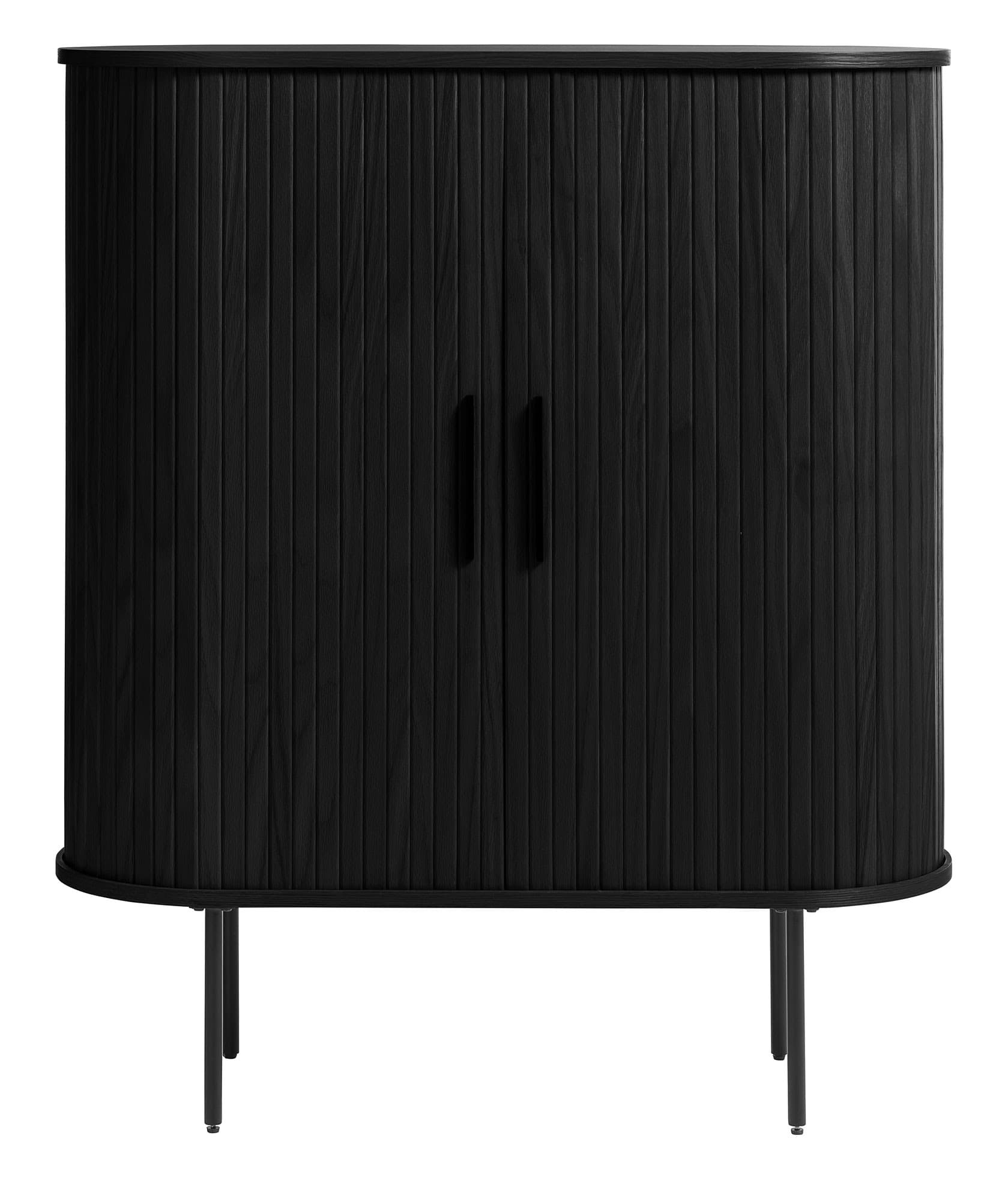 Estila Retro oválna čierna barová skrinka Bornholm dvomi posuvnými lamelovými dvierkami a kovovými detailmi 118 cm 1