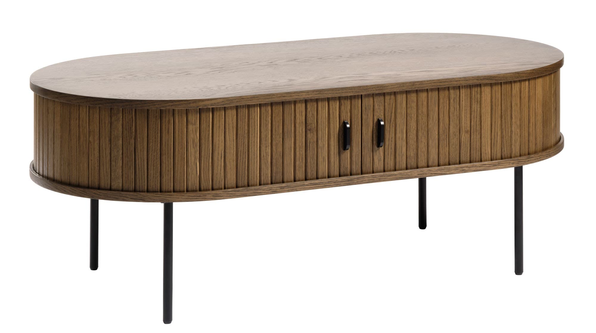 Estila Škandinávsky retro oválny konferenčný stolík Bornholm s úložným priestorom s lamelovým dekorom s tmavom hnedom prevedení 120 cm