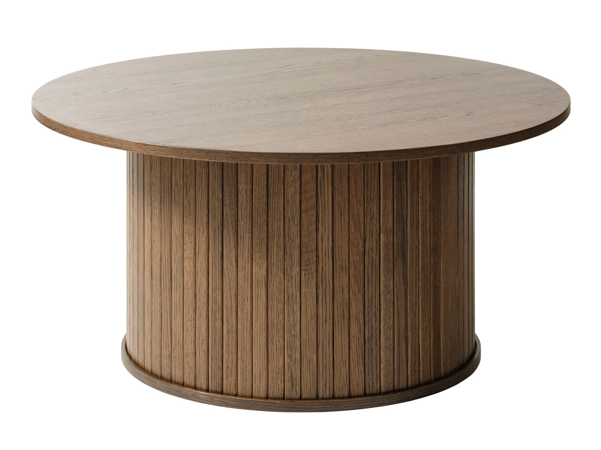 Estila Retro okrúhly konferenčný stolík Bornholm s mohutnou nohou s lamelovým reliéfom s tmavom hnedom dubovom prevedení 90 cm