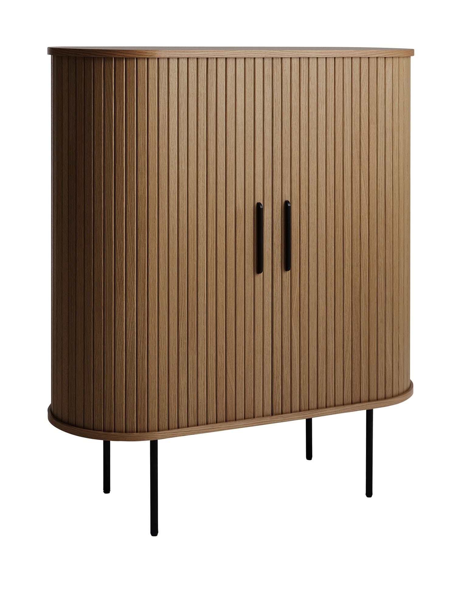 Estila Retro barová skrinka Bornholm oválneho tvaru s posuvnými dvierkami s lamelami v tmavom hnedom dubovom prevedení 118 cm