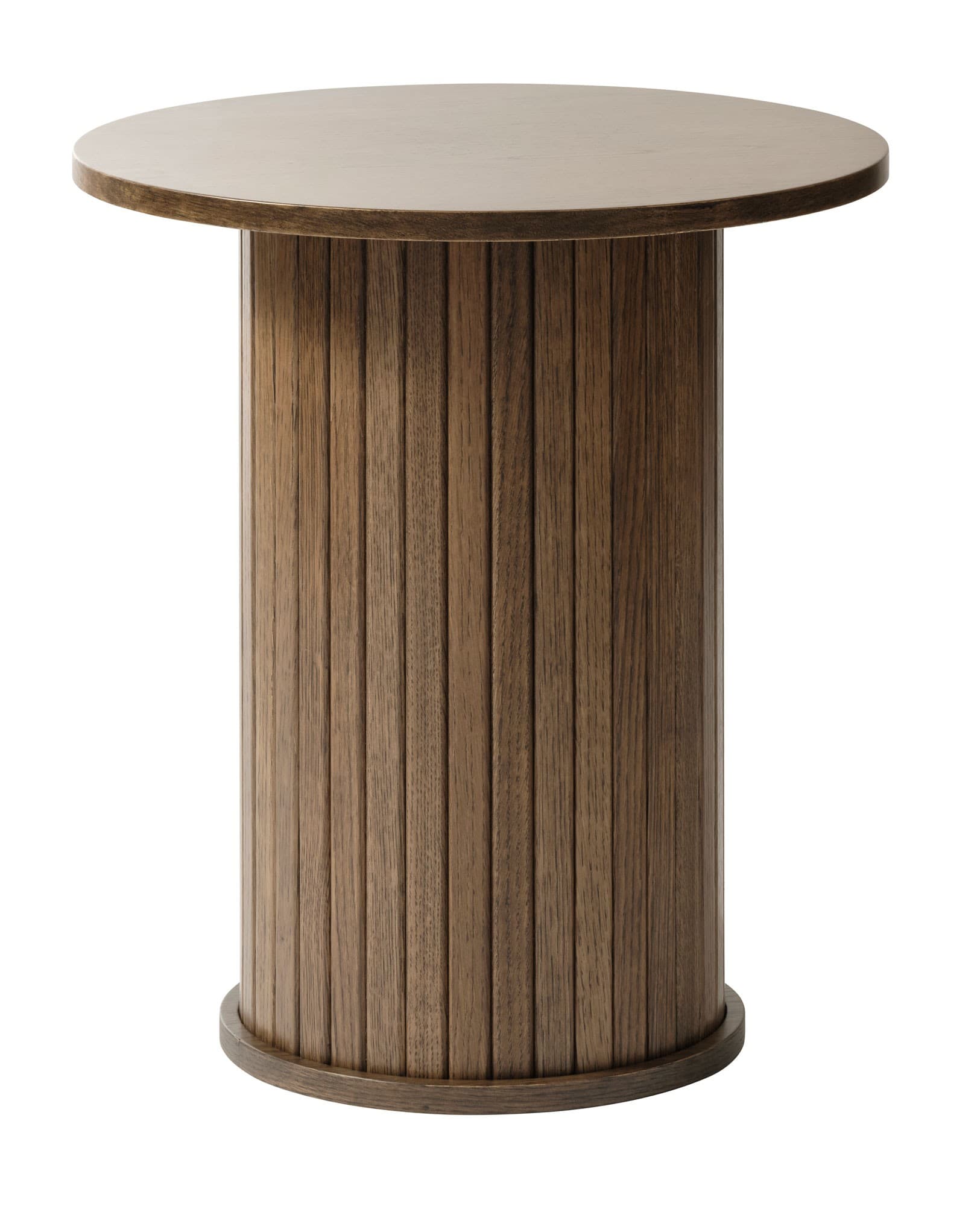 Estila Retro okrúhly príručný stolík Bornholm s jednou nohou s lamelovým reliéfom v tmavom hnedom dubovom prevedení 55 cm 1
