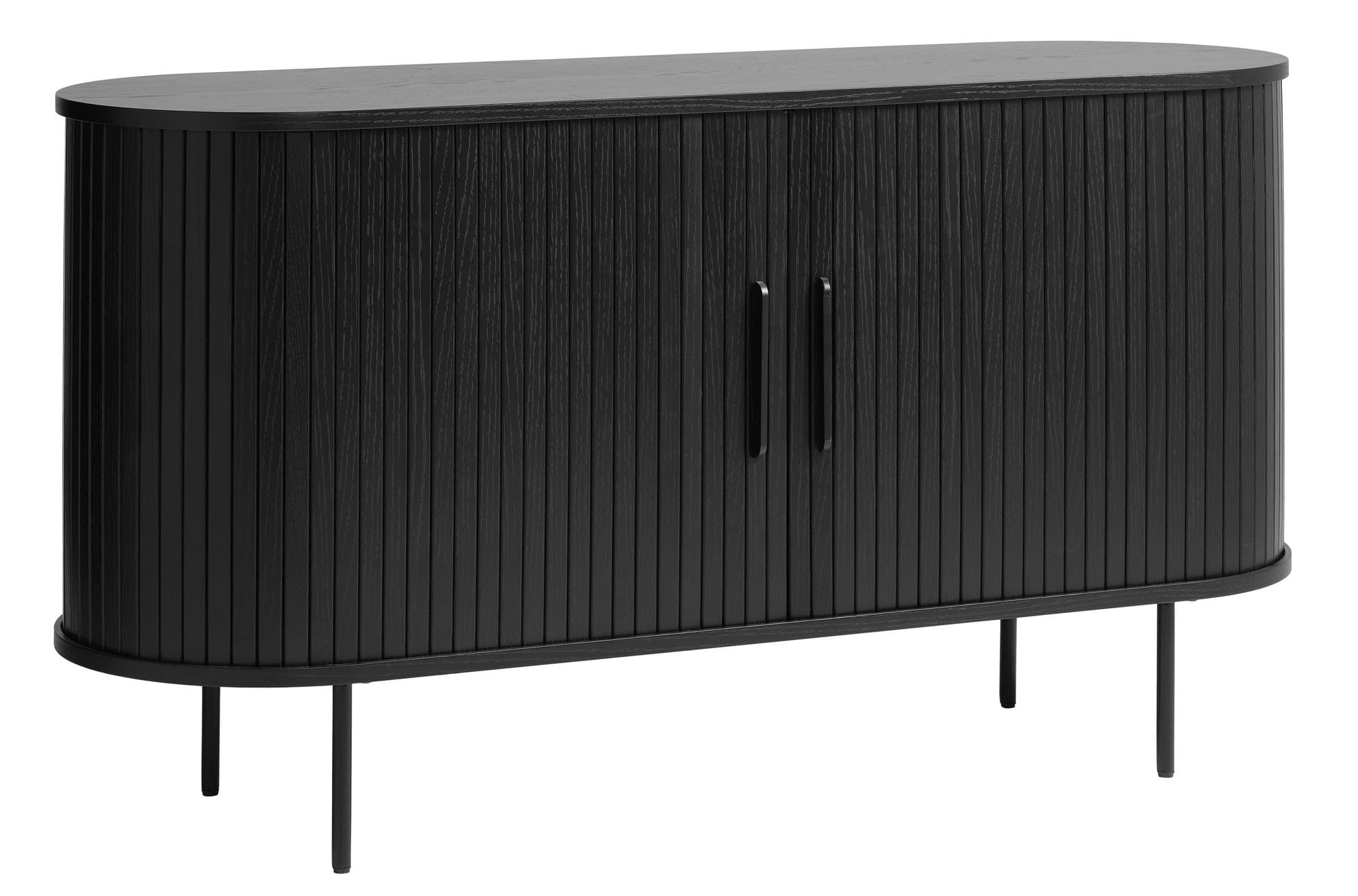 Estila Moderný čierny oválny príborník Bornholm s dvomi posuvnými dvierkami s lamelovým dekorom a kovovými detailmi 140 cm