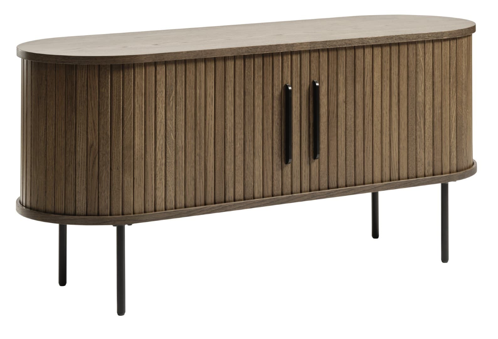 Estila Retro oválny dvojdverový TV stolík Bornholm v tmavom hnedom dubovom prevedení s vertikálnym lamelovým dekorom 120 cm 1