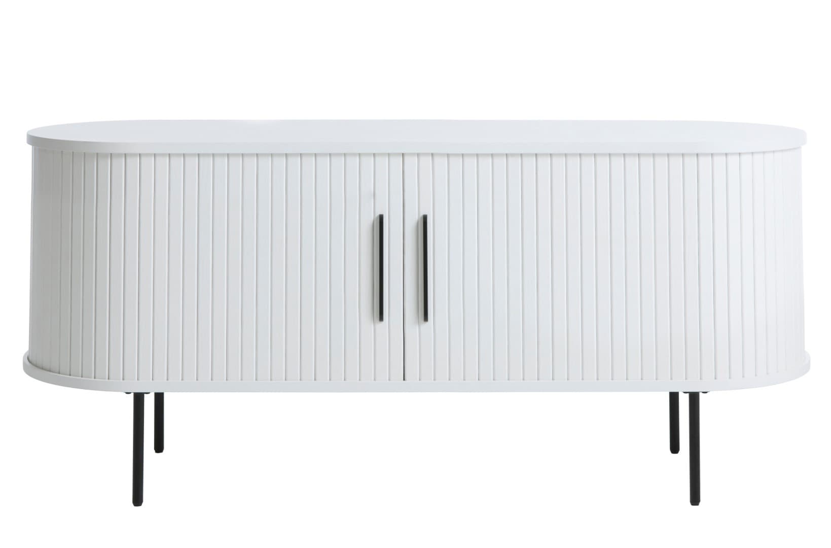 Estila Moderný oválny TV stolík Bornholm v bielej farbe s lamelovými posuvnými dvierkami a čiernymi kovovými detailmi 120 cm 1