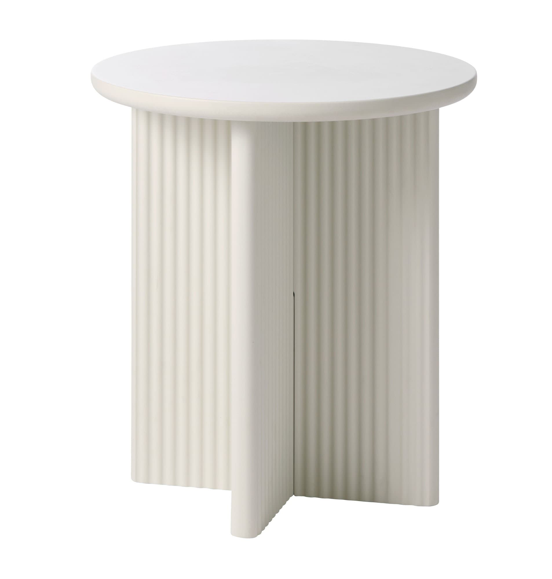 Estila Art deco okrúhly príručný stolík Hvidea s rebrovanou podstavou v sivo béžovom prevedení v odtieni greige 50 cm 1