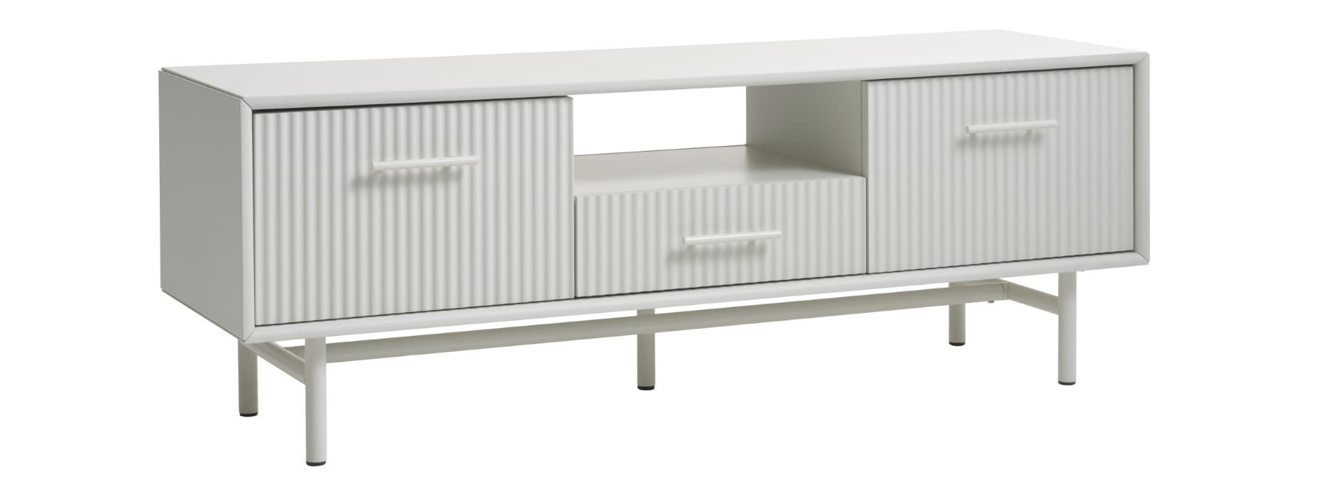 Estila Art deco TV stolík Hvidea s dvomi dvierkami a zásuvkou s rebrovaným reliéfom a policou vo svetlej sivo béžovej farbe 140 cm