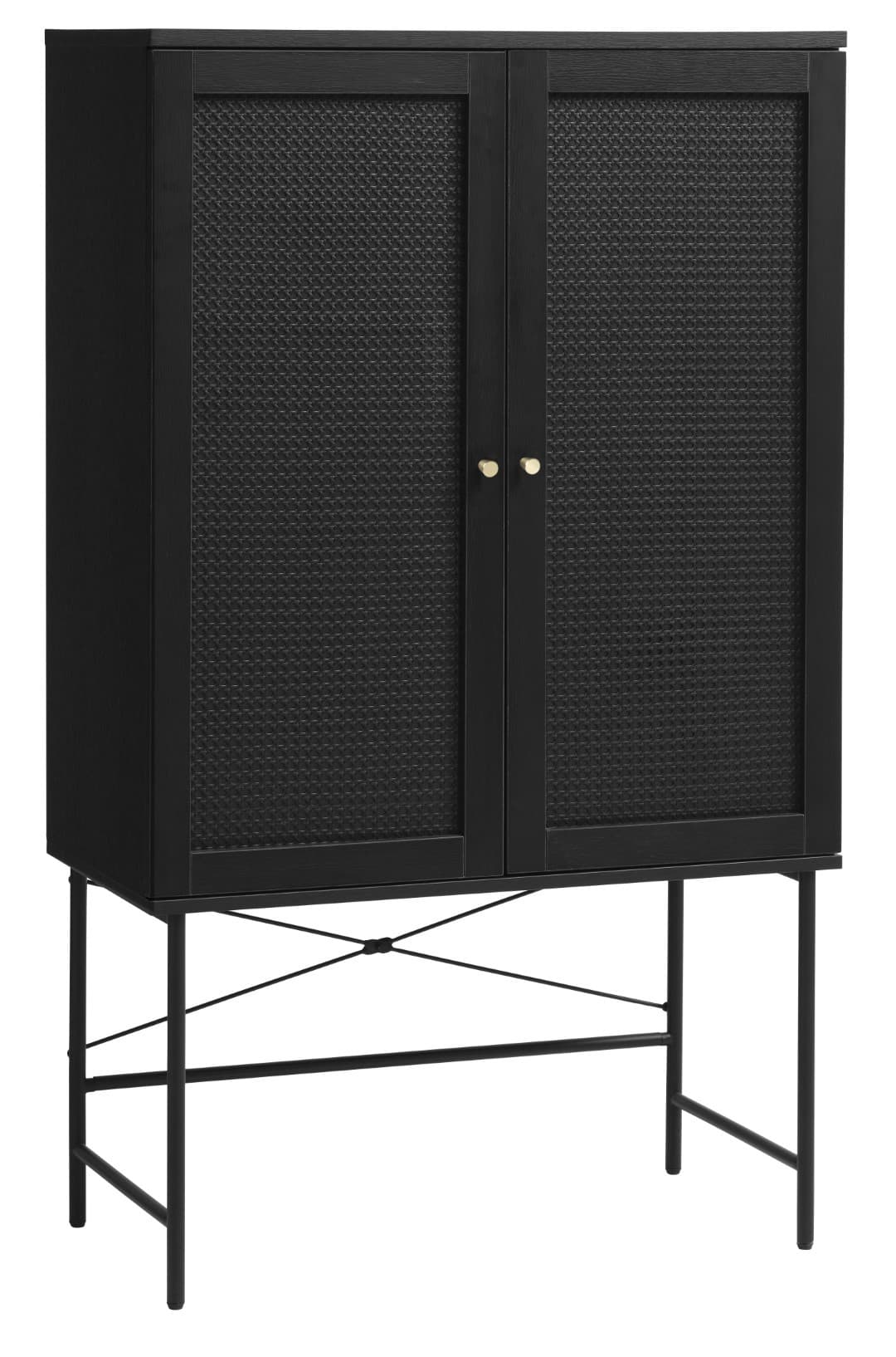 Estila Industriálna retro čierna barová skrinka Malmo s dvojitými dvierkami s ratanovým výpletom a zlatými úchytkami 135 cm