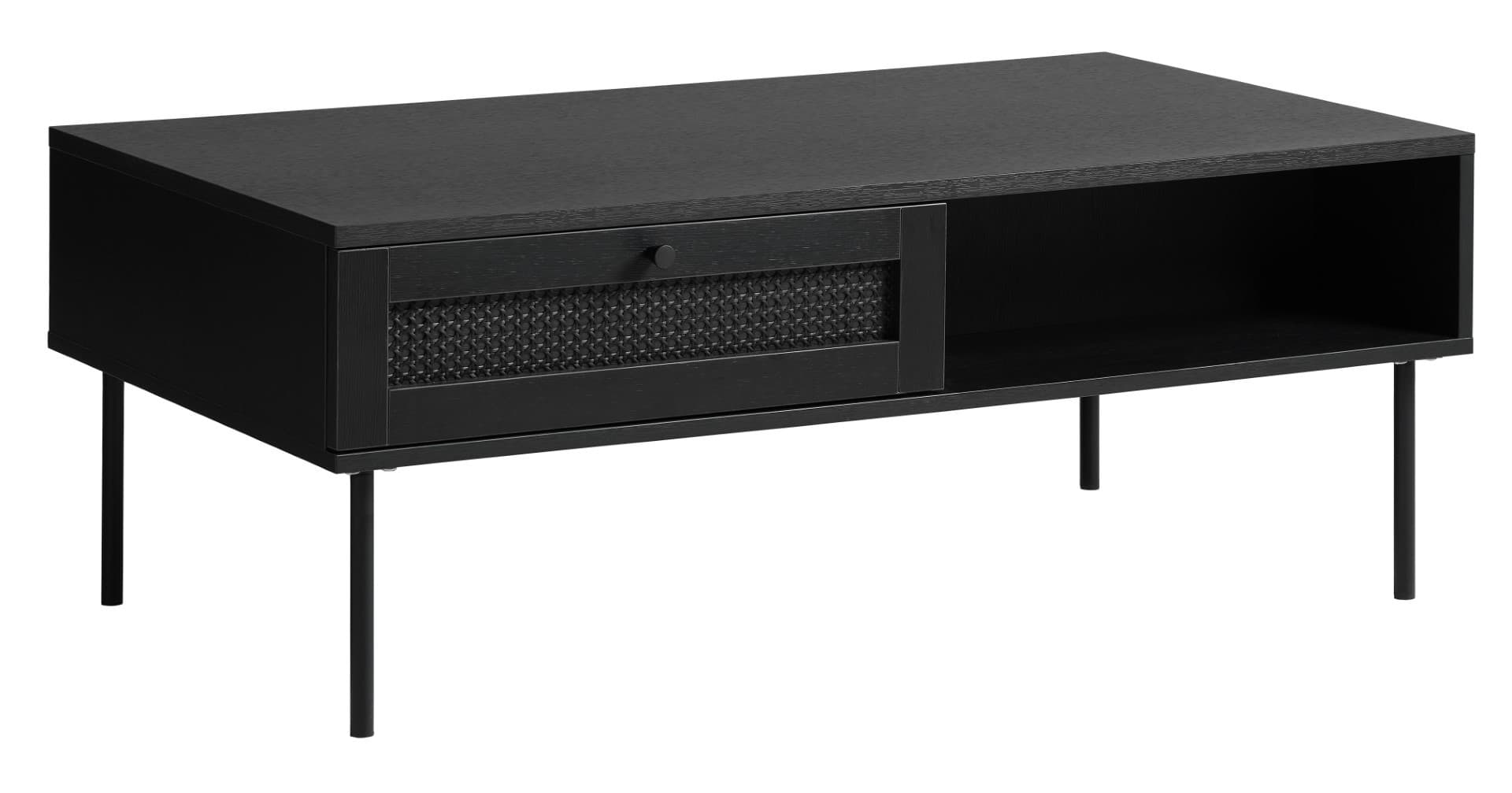 Estila Industriálny retro obdĺžnikový čierny konferenčný stolík Malmo s dvomi policami a dvomi zásuvkami s ratanovým výpletom 110 cm 1