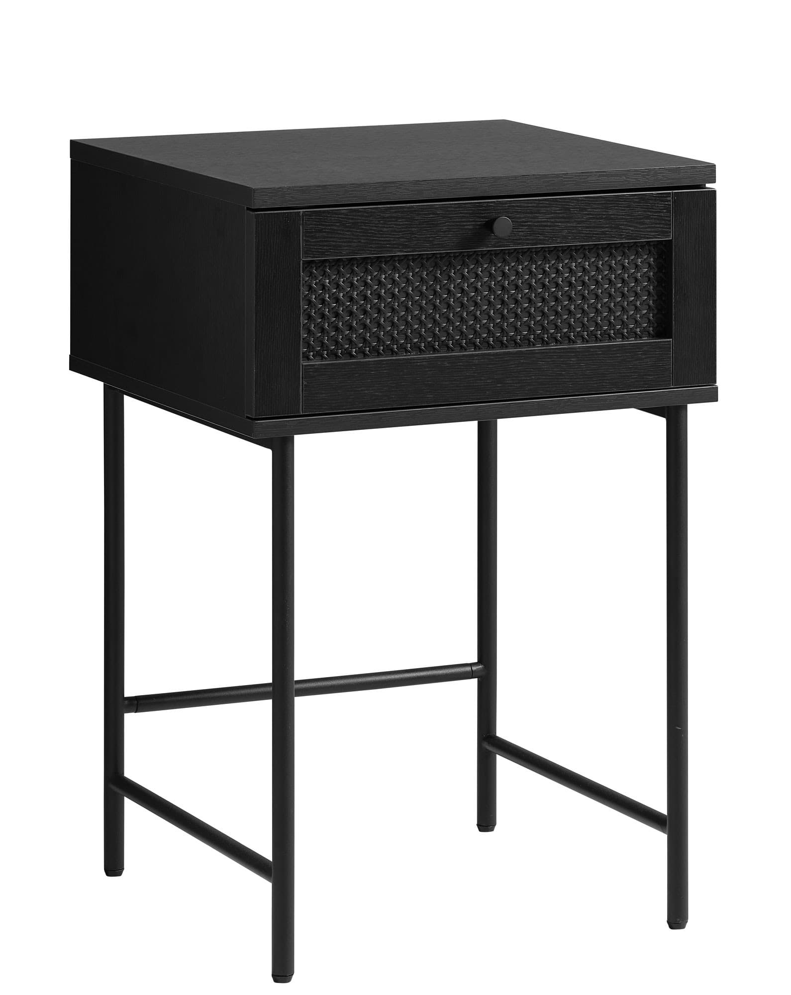 Estila Industriálny retro čierny nočný stolík Malmo so zásuvkou s ratanovým viedenským výpletom a vysokými kovovými nohami 45 cm 1