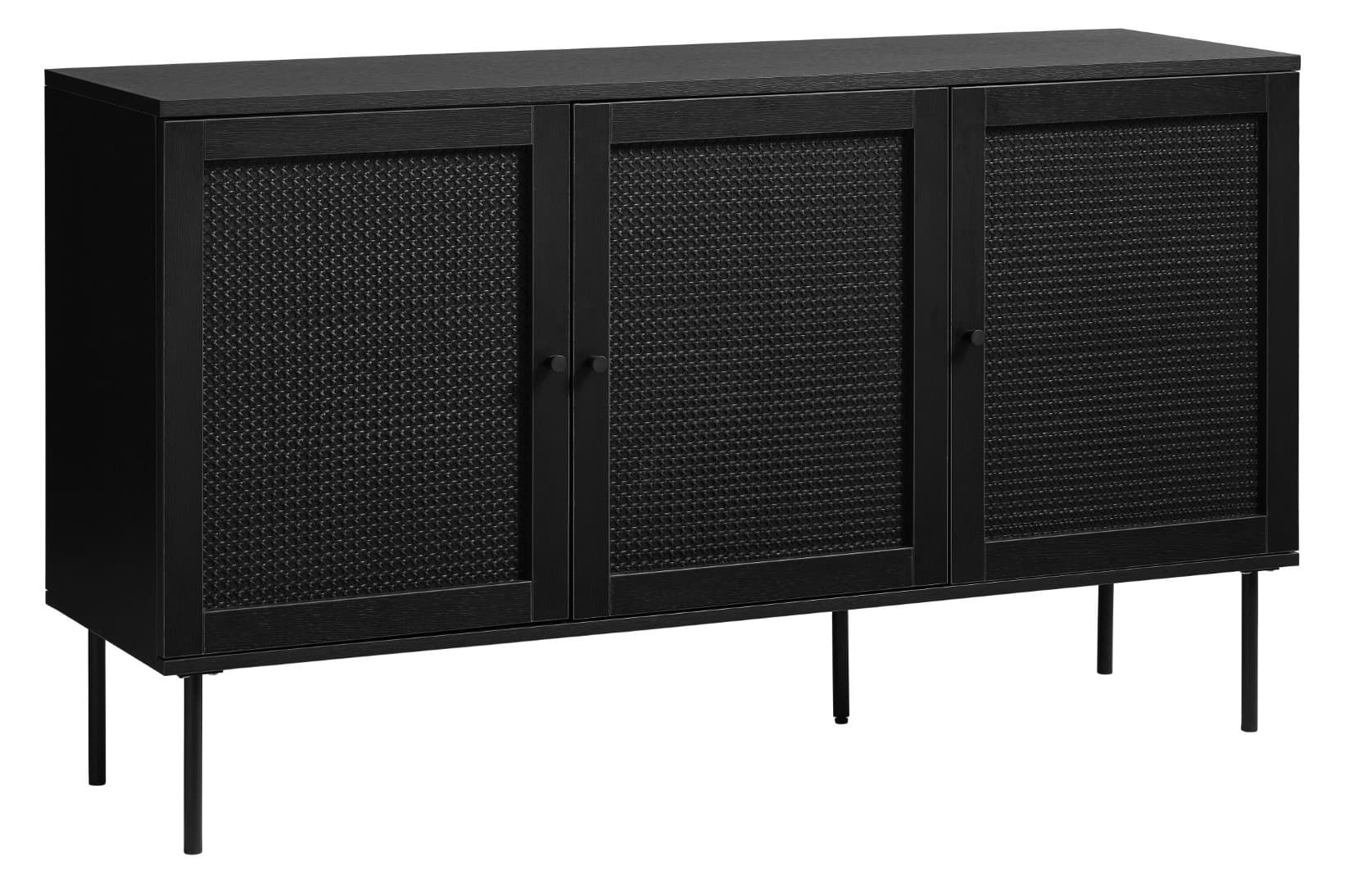 Estila Industriálny retro čierny príborník Malmo s tromi dvierkami s ratanovým viedenským výpletom a kovovými nohami 140 cm 1
