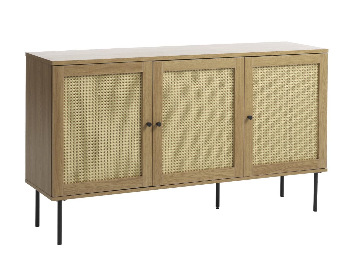 Estila Retro trojdverový príborník Malmo vo svetlom hnedom dubovom dekore s viedenským ratanovým výpletom a čiernymi nohami 140 cm 1