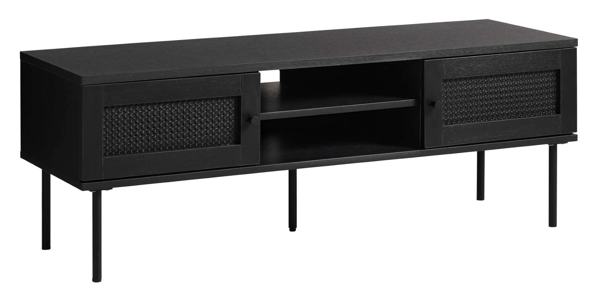 Estila Retro industriálny čierny TV stolík Malmo s dvomi dvierkami s ratanovým viedenským výpletom a dvomi policami 120 cm 1