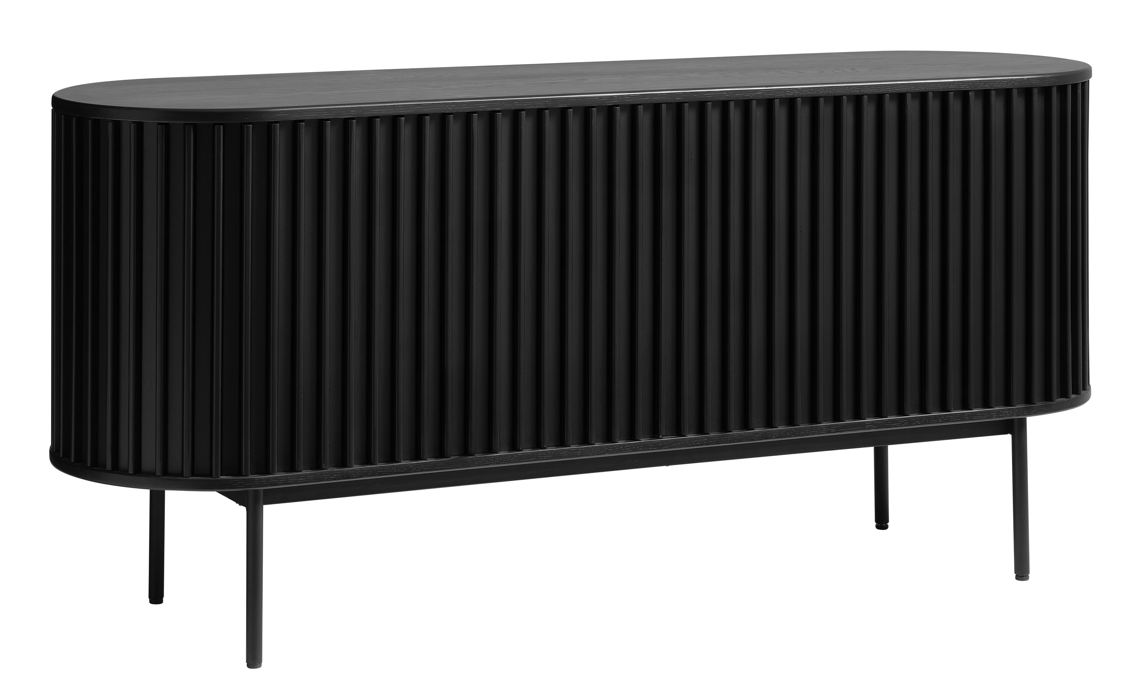 Estila Luxusný moderný oválny príborník Odense s dvomi posuvnými dvierkami s lamelovým dizajnom v čiernej farbe 160 cm