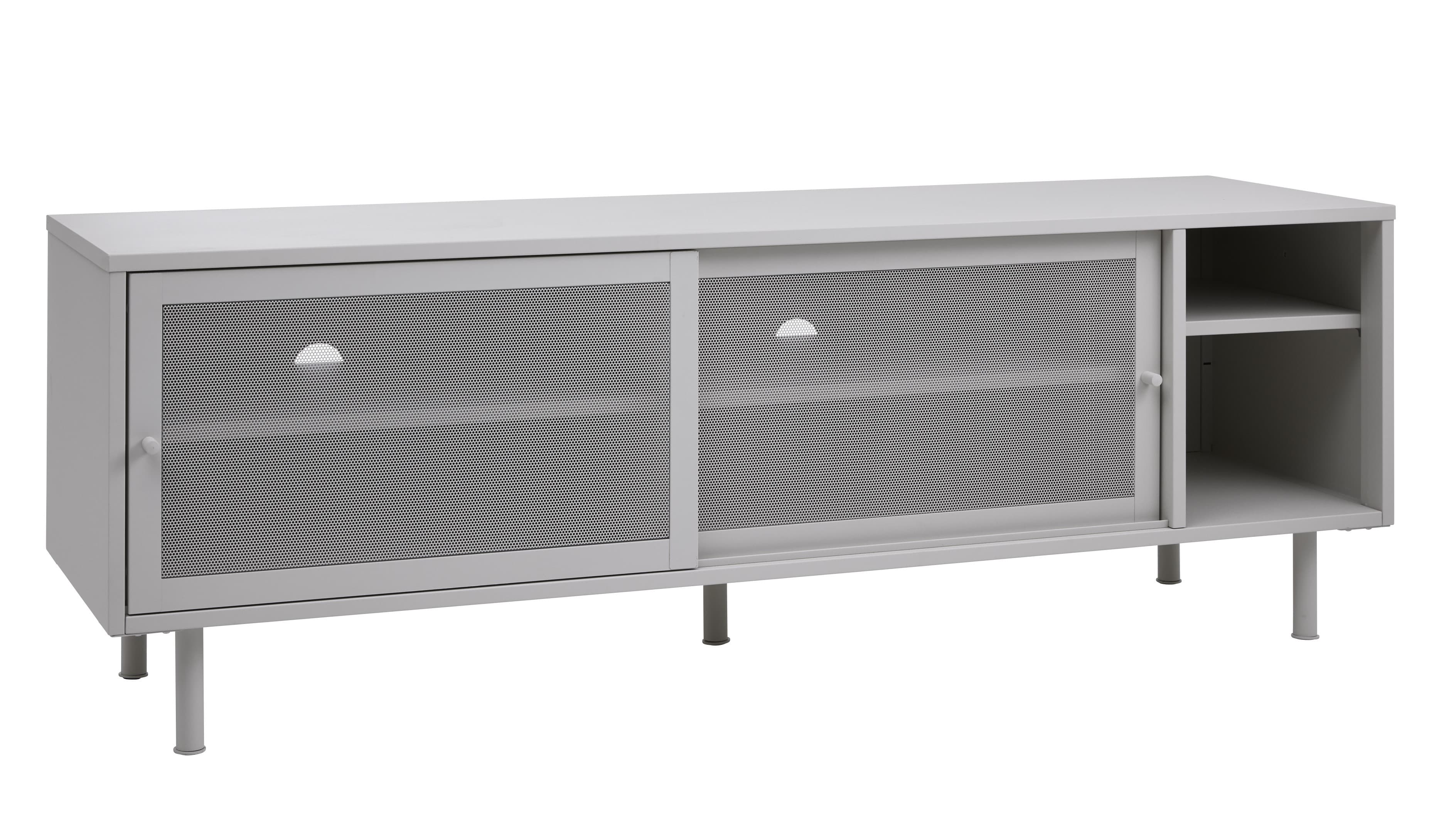 Estila Moderný kovový TV stolík Vejle v sivobéžovom odtieni greige s perforovanými posuvnými dvierkami a policami 160 cm 1