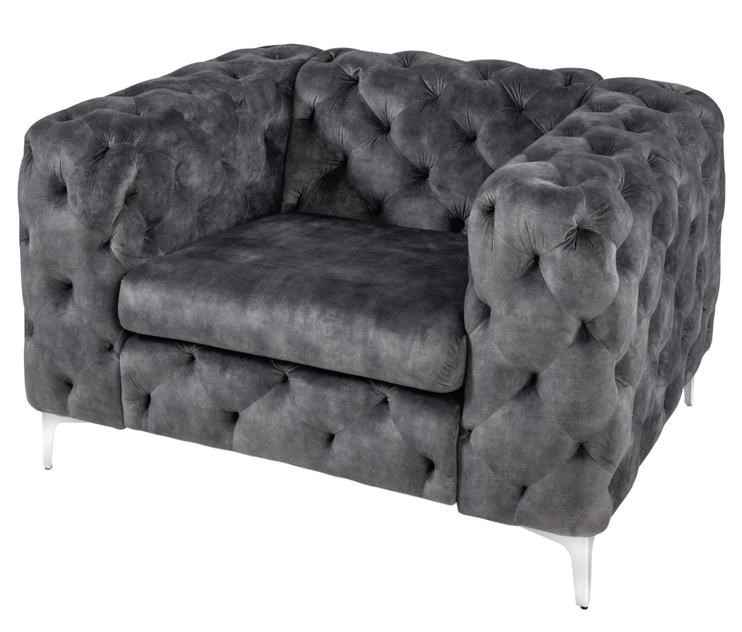 Estila Dizajnové chesterfield kreslo Modern Barock v tmavosivej farbe so zamatovým poťahom a striebornými nožičkami z kovu 120 cm