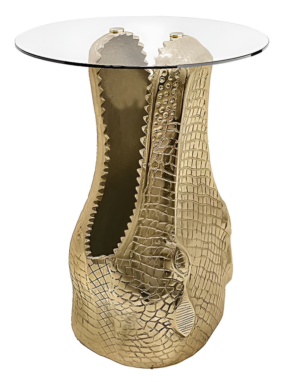 Estila Dizajnový okrúhly glamour príručný stolík Crocodile so zlatou podstavou v tvare krokodílej hlavy a sklenenou doskou 51 cm