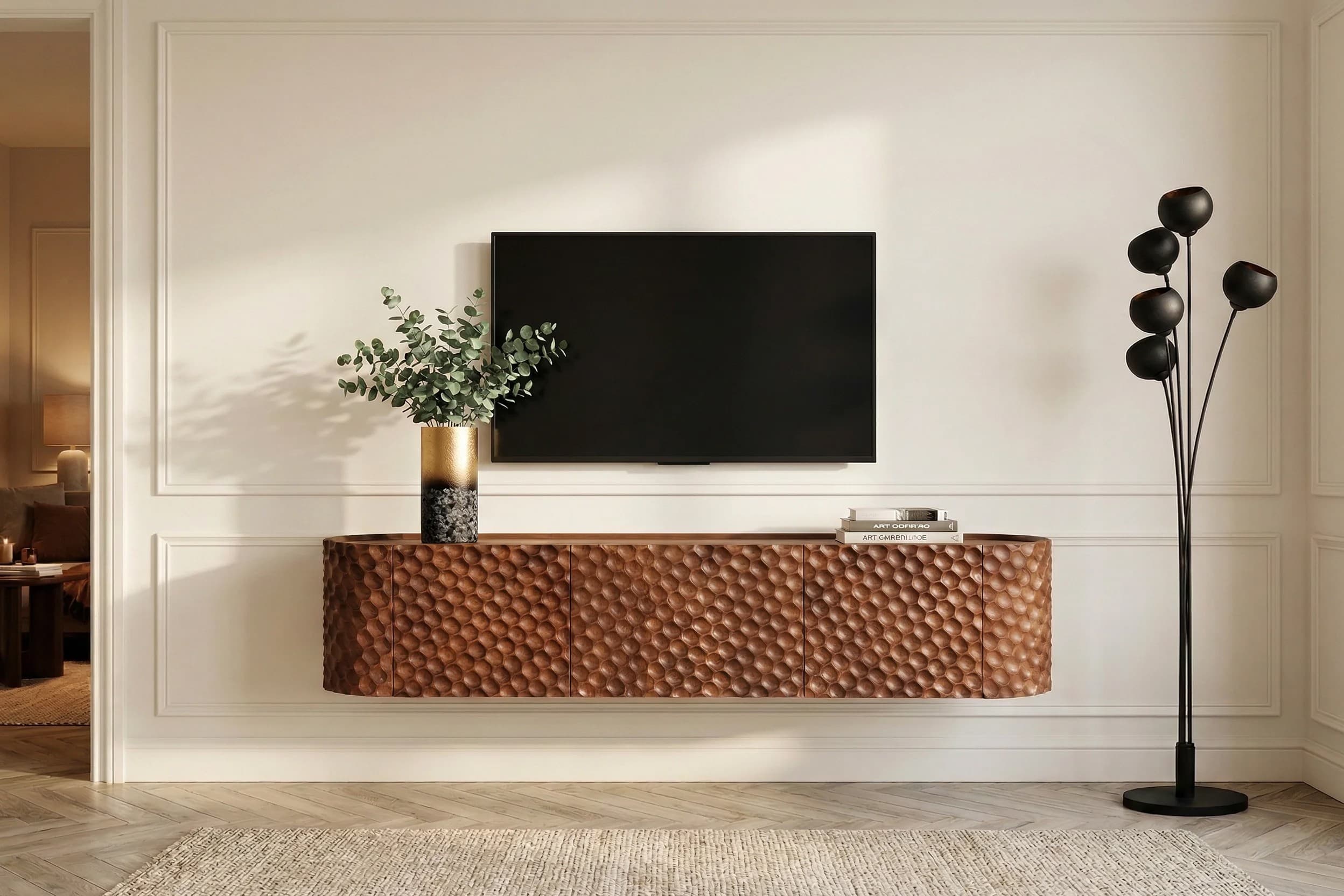 Estila Dizajnový nástenný oválny trojdverový TV stolík Cumbria z masívneho mangového dreva hnedej farby s 3D dekorom 160 cm