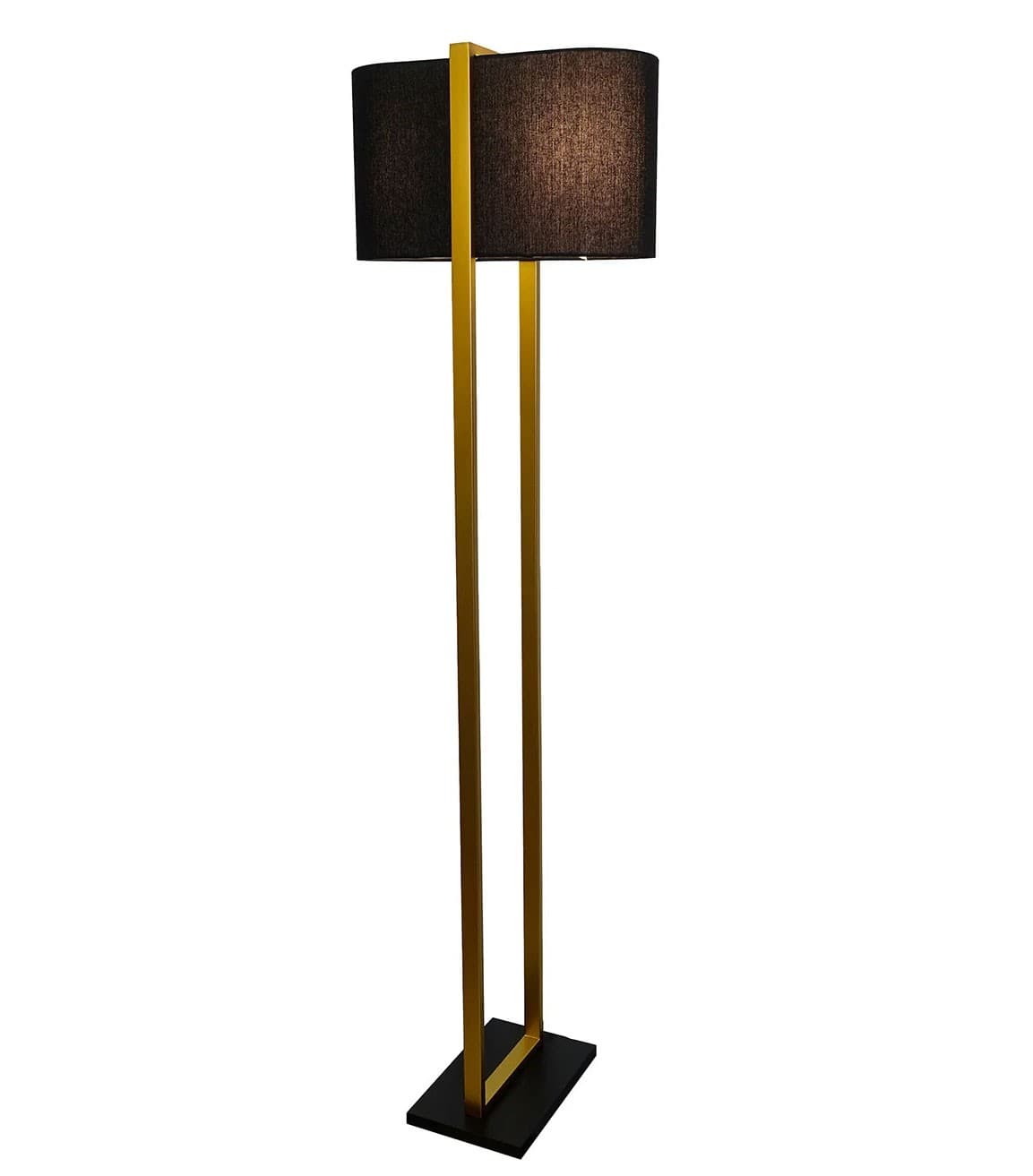Estila Moderná glamour stojaca lampa Ambient so zlatým kovovým rámom s čiernym textilným tienidlom a obdĺžnikovým podstavcom 160 cm