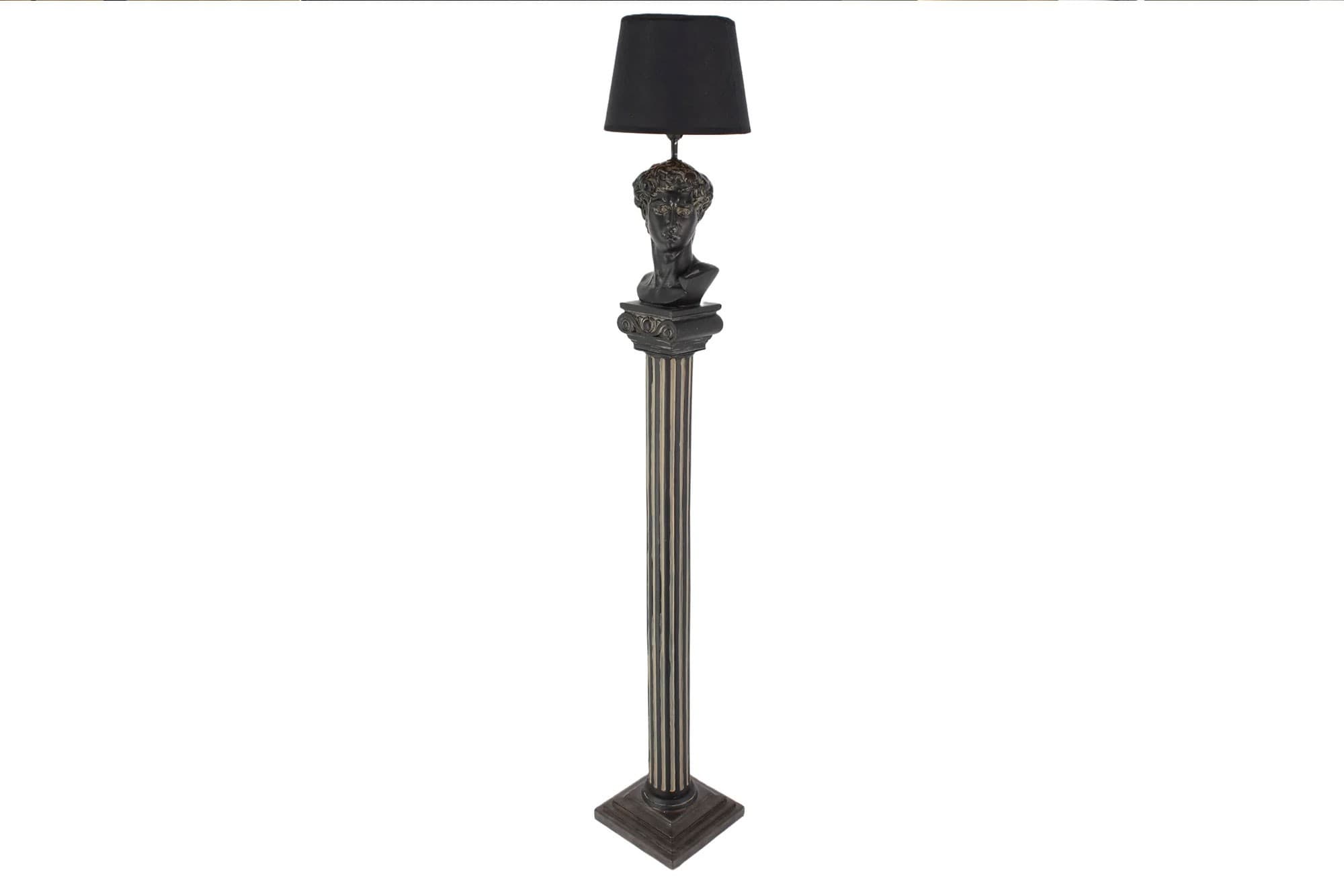 Estila Dizajnová vintage čierna stojaca lampa Antica v tvare antického stĺpa s bustou Dávida s okrúhlym textilným tienidlom 120 cm