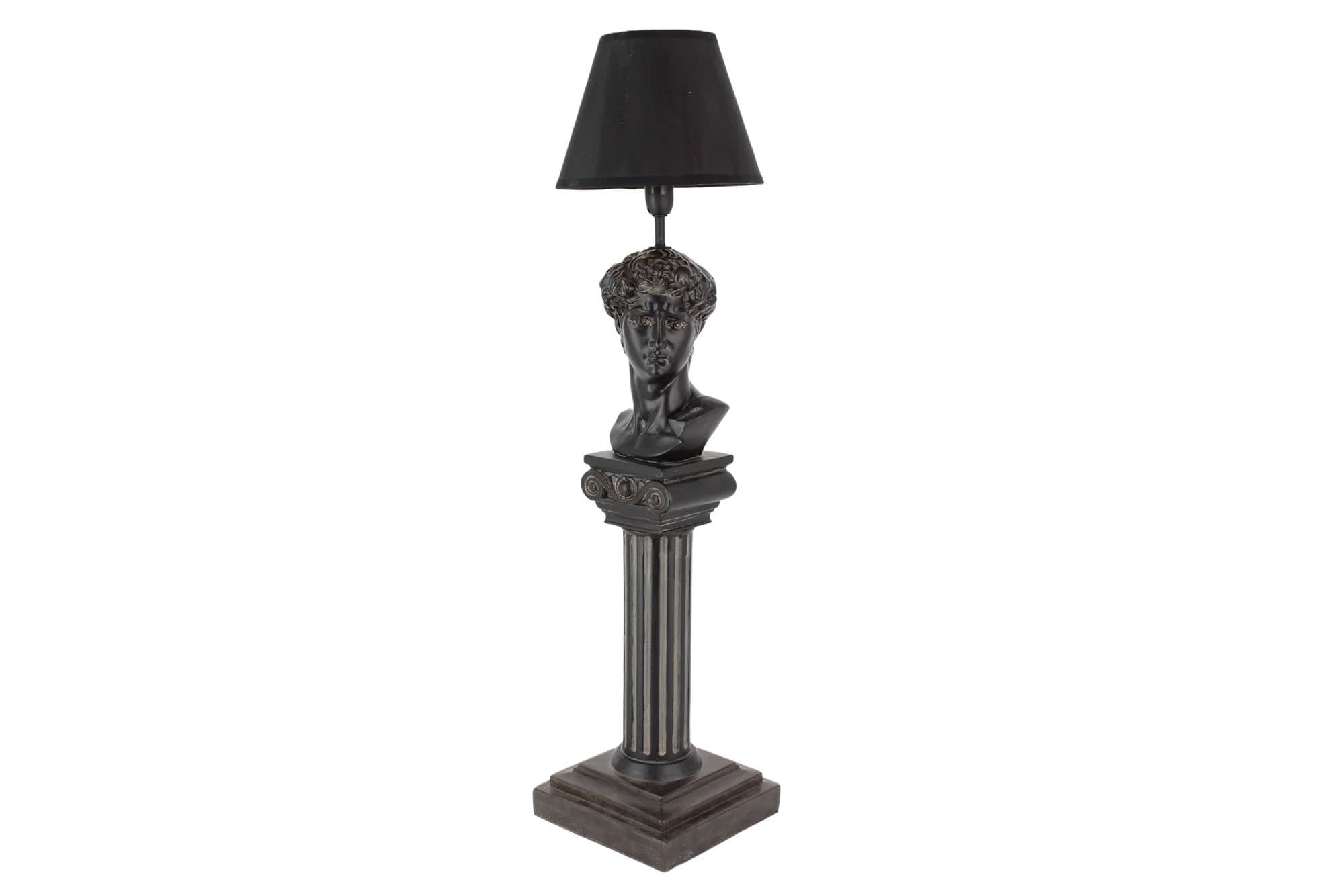 Estila Dizajnová vintage čierna stolná lampa Antica s nohou v tvare antického stĺpa s bustou Dávida s textilným tienidlom 72 cm 1
