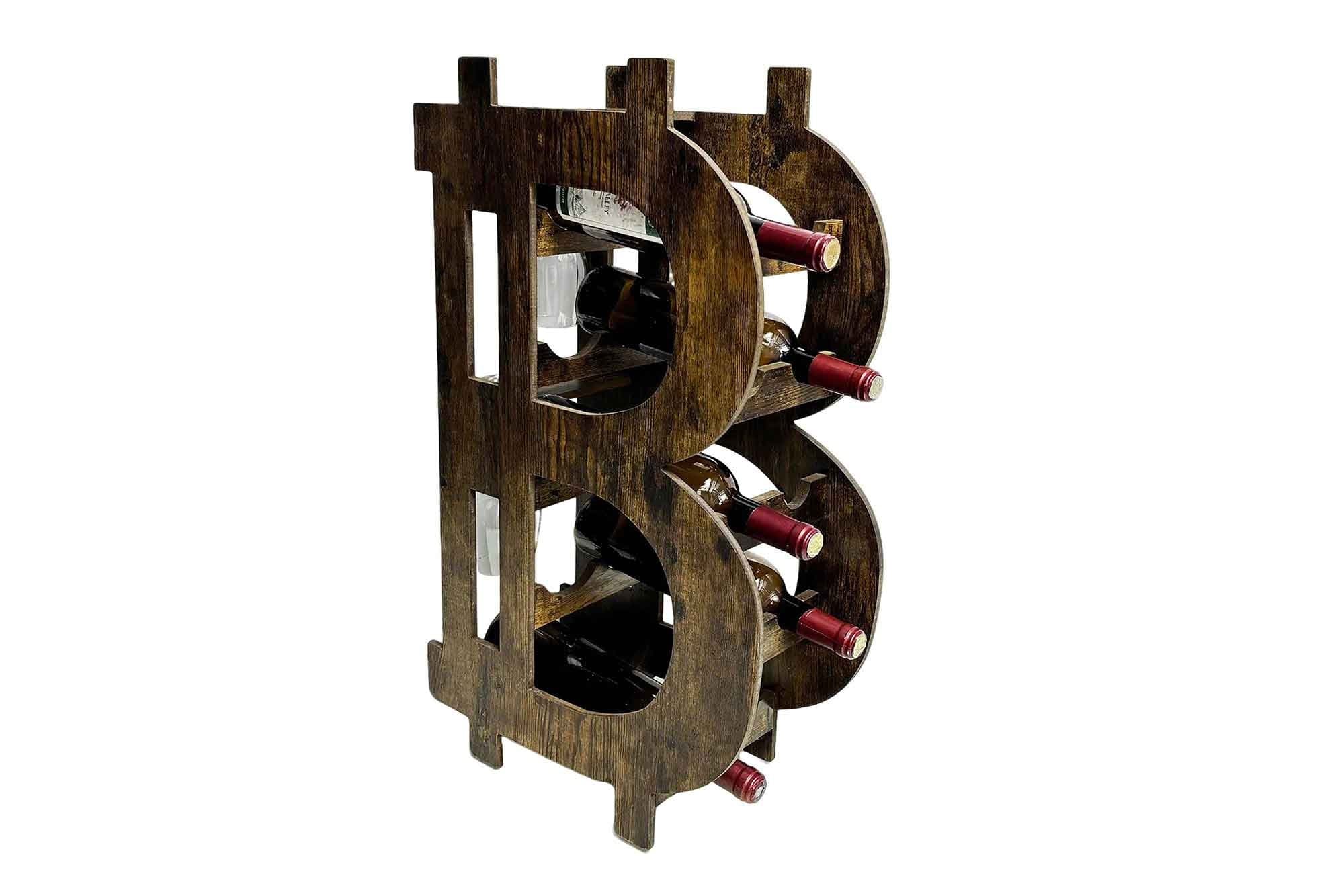 Estila Moderná masívna vinotéka Richie s dizajnom symbolu bitcoinu v naturálnej hnedej farbe na desať fliaš a štyri poháre 68 cm 1