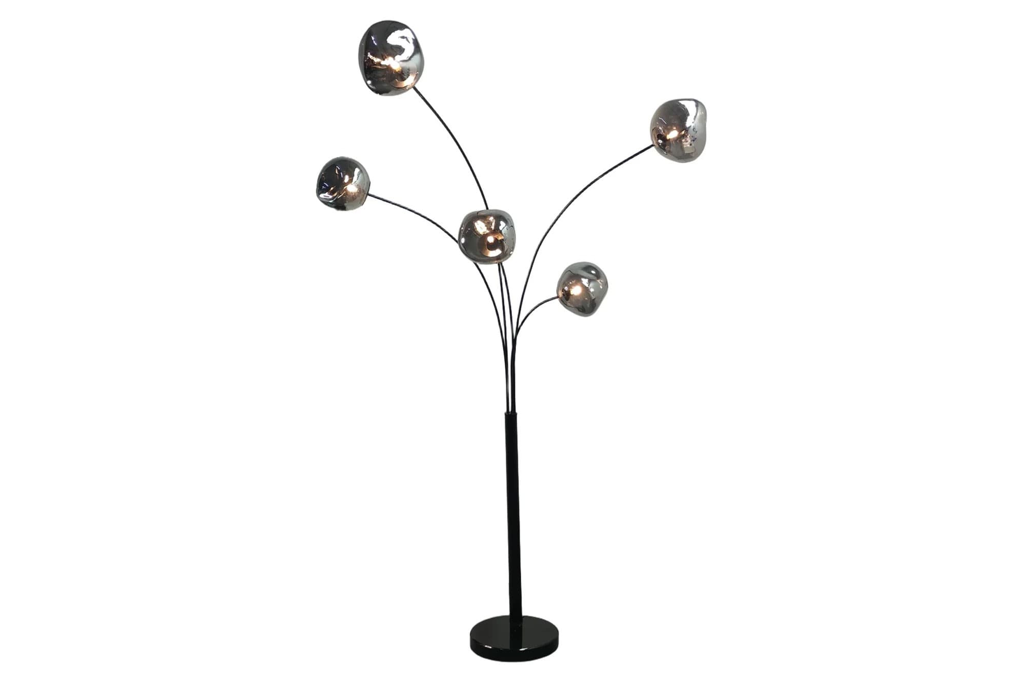 Estila Moderná dizajnová stojaca lampa Kalan s piatimi atypickými sklenenými tienidlami v sivej a čiernej farbe 202 cm