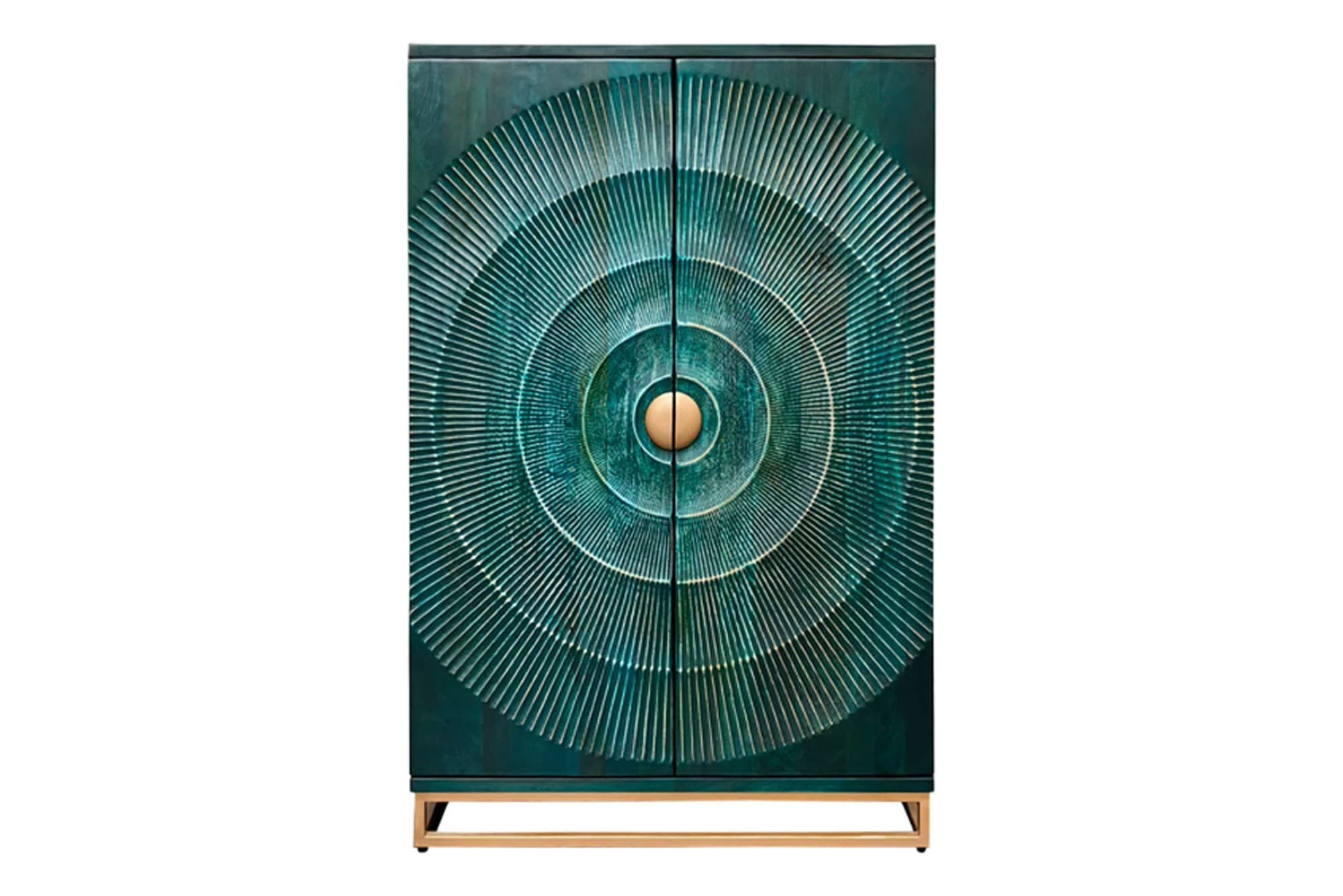 Estila Luxusná etno barová skrinka Cumbria z masívneho mangového dreva v tyrkysovej farbe so zlatými detailmi a 3D reliéfom 140 cm 1