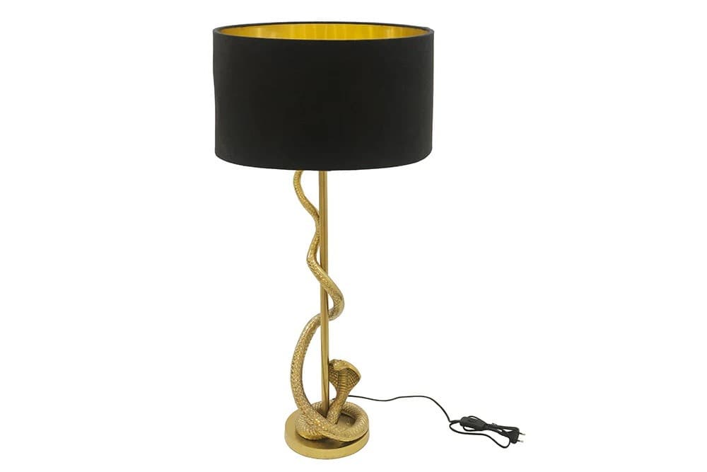 Estila Dizajnová glamour stolná lampa Tierra Glam so zlatou kovovu podstavou s figúrou kobry a čiernym textilným tienidlom 110 cm
