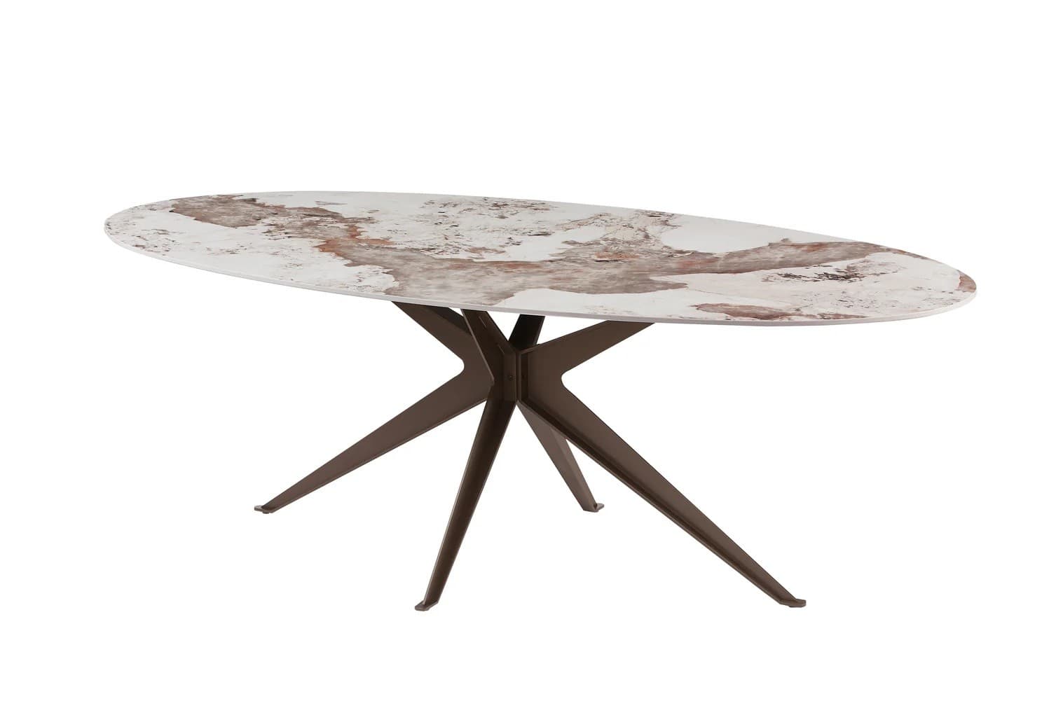 Estila Art deco oválny jedálenský stôl Daron s bielou keramickou doskou s hnedým mramorovým dekorom a bronzovou podstavou 220 cm 1
