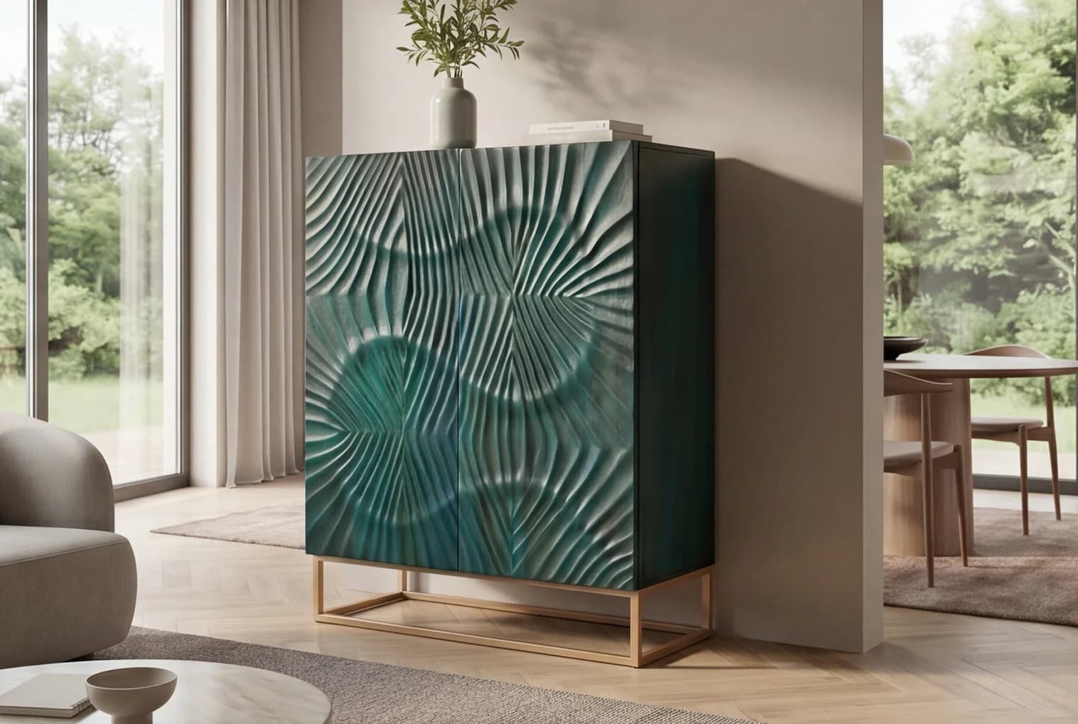Estila Moderná etno barová skrinka Cumbria v tyrkysovej farbe so zlatou podstavou s organickým reliéfom vlny na dvierkach 120 cm