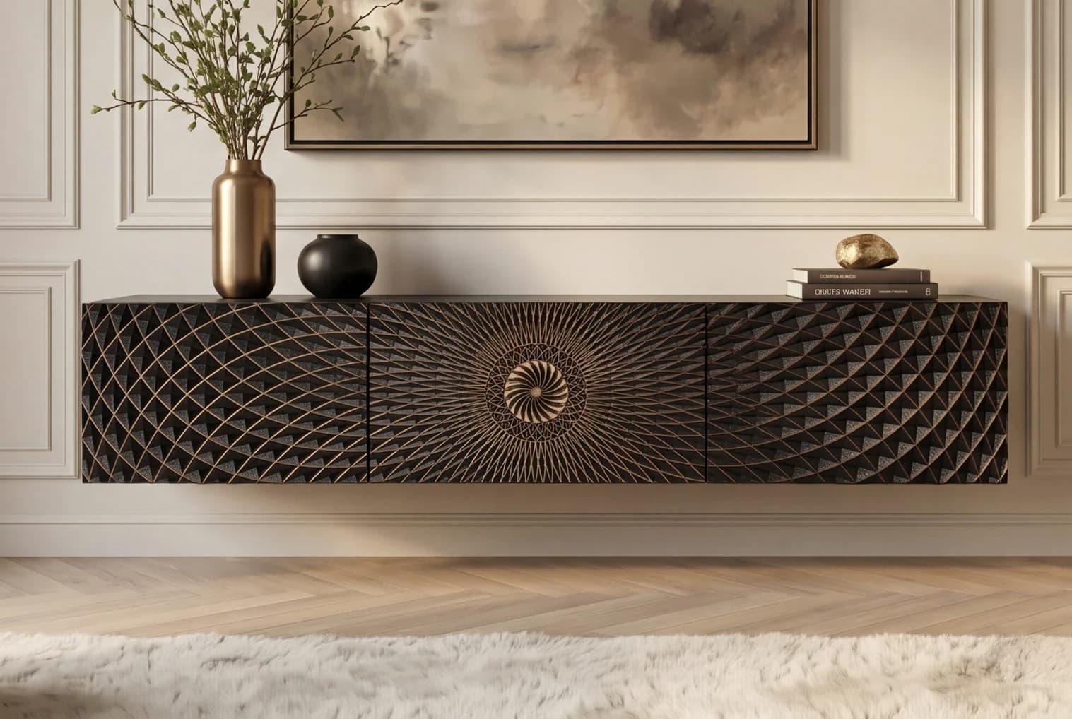 Estila Moderný etno závesný TV stolík Astrid v čiernej farbe s tromi dvierkami so zlatým 3D reliéfom mandaly 160 cm 1