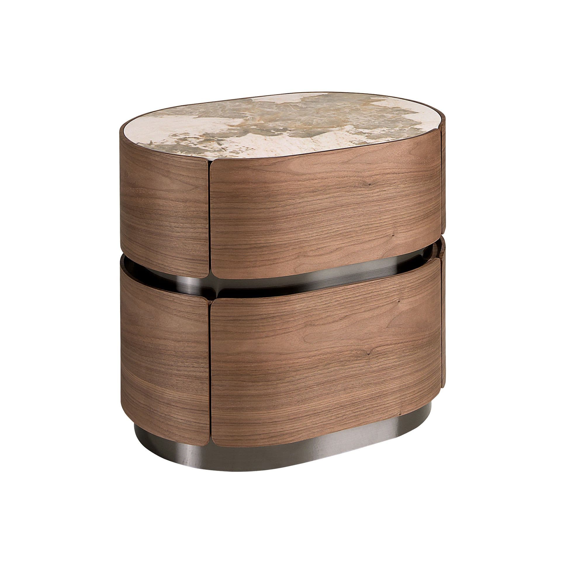 Estila Luxusný art deco oválny orechovo hnedý nočný stolík Vita Naturale s dvomi zásuvkami a bielym mramotom so sivou kresbou 58 cm