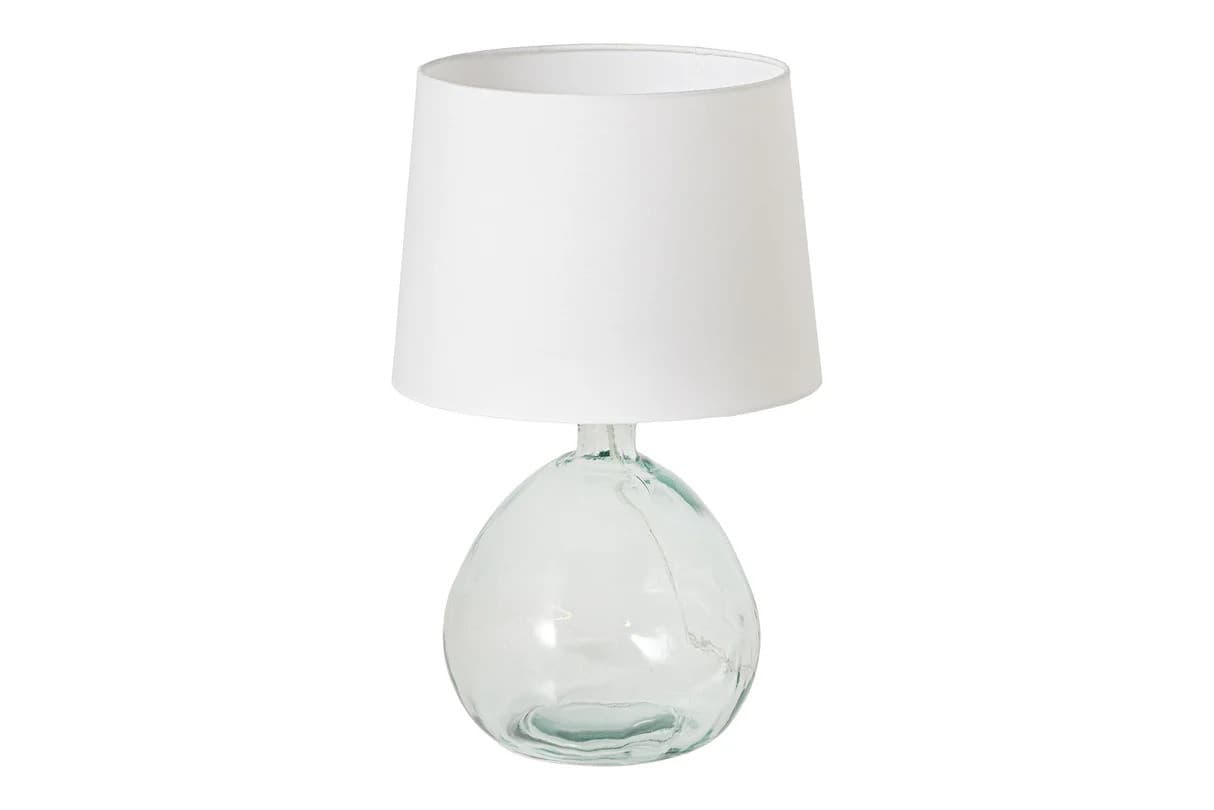 Estila Moderná sklenená stolná lampa Glassy s asymetrickou transparentnou nohou a bielym textilným tienidlom 42 cm