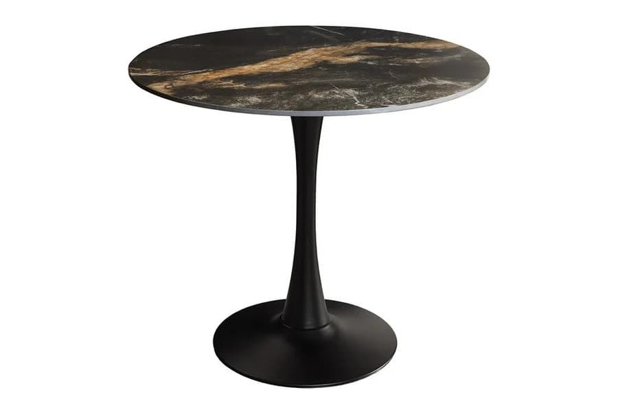 Estila Dizajnový moderný okrúhly jedálenský stôl Ceramia v čiernej farbe s keramickou mramorovou doskou a kovovou nohou 80 cm