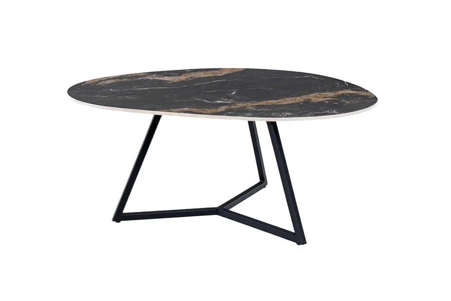 Estila Moderný čierny konferenčný stolík Ceramia s keramickou doskou organického tvaru s hnedou kresbou a kovovou podstavou 90 cm